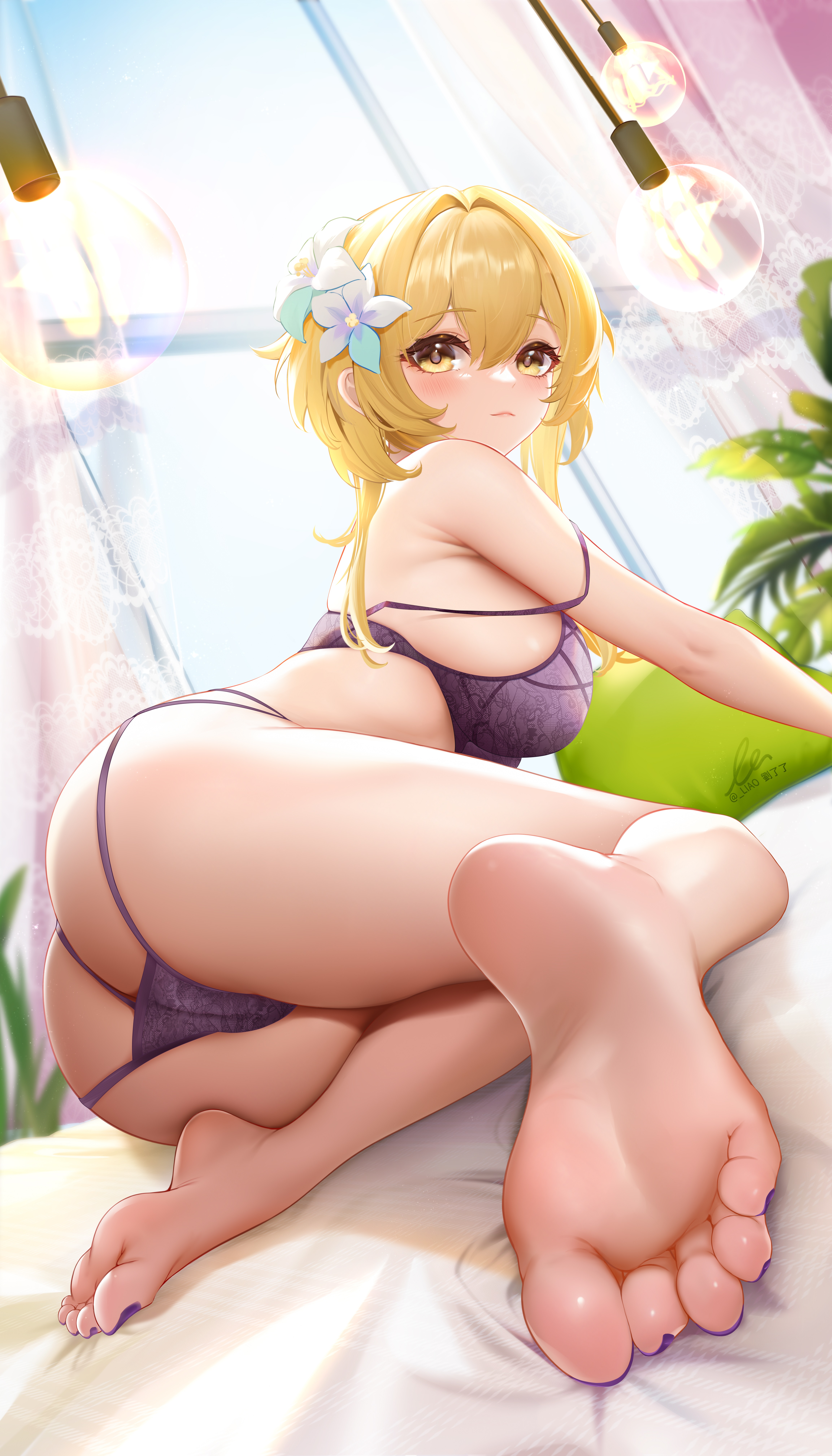 Anime 4609x8064 anime anime girls Lumine (Genshin Impact) Genshin Impact blonde lingerie yellow eyes panties low-angle purple panties blushing looking back boobs looking at viewer feet squatting purple nails foot fetishism sideboob flower in hair in bed lace lingerie arm support plants rear view ass purple bra