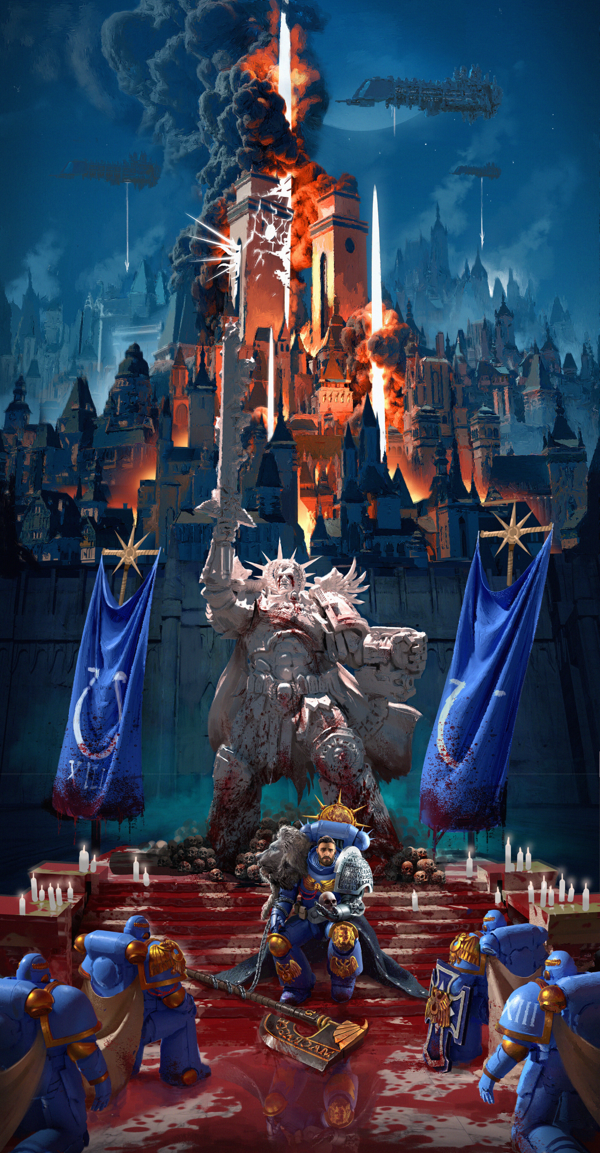 General 1220x2342 Warhammer Warhammer 40,000 blue statue gold white spaceship Imperium of Man Robute Gilliman city wall blood chain axe video games video game art