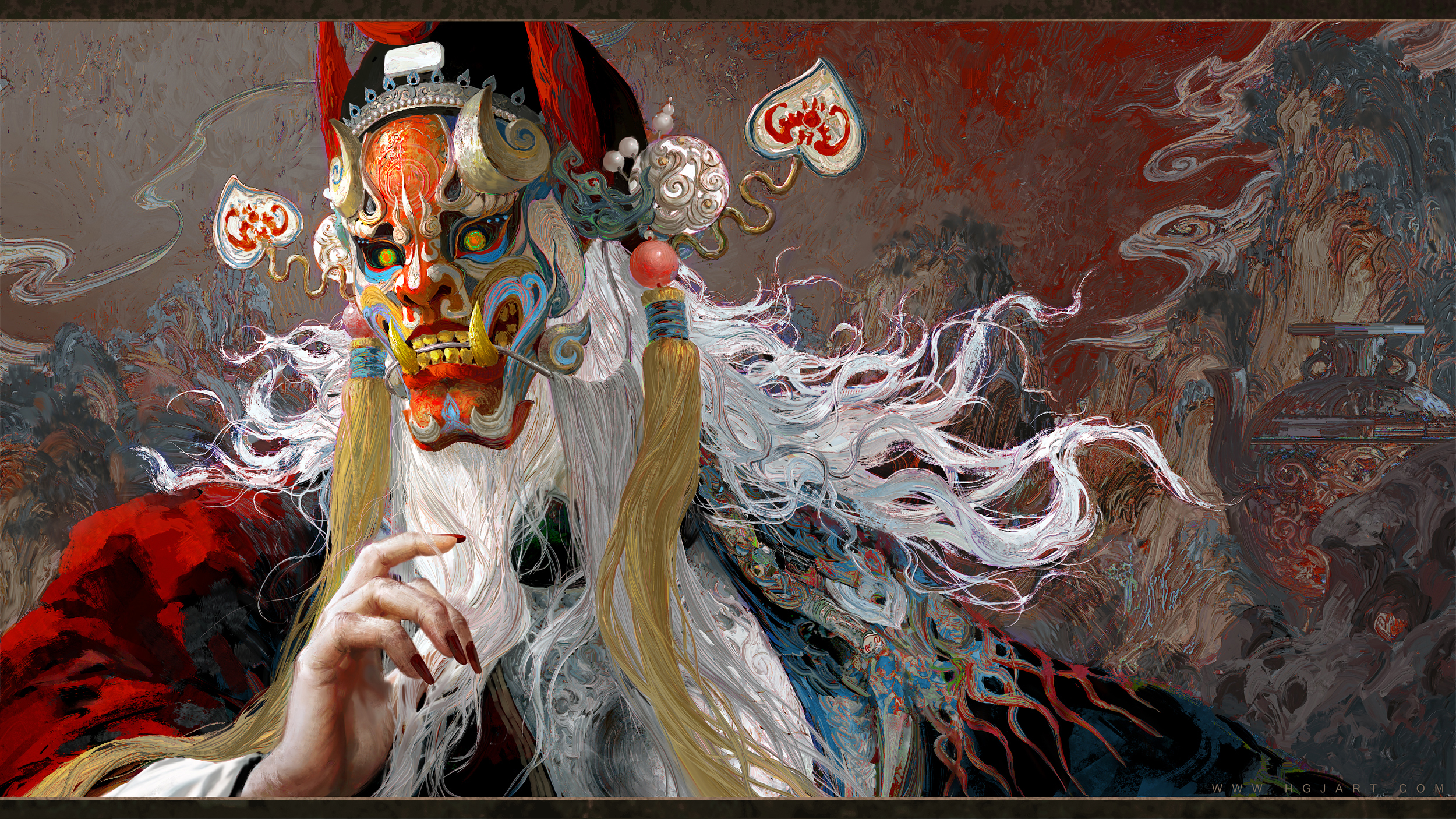 General 2500x1406 Huang Guangjian artwork mask Peking Opera Chinese clothing white hair fantasy art digital art watermarked
