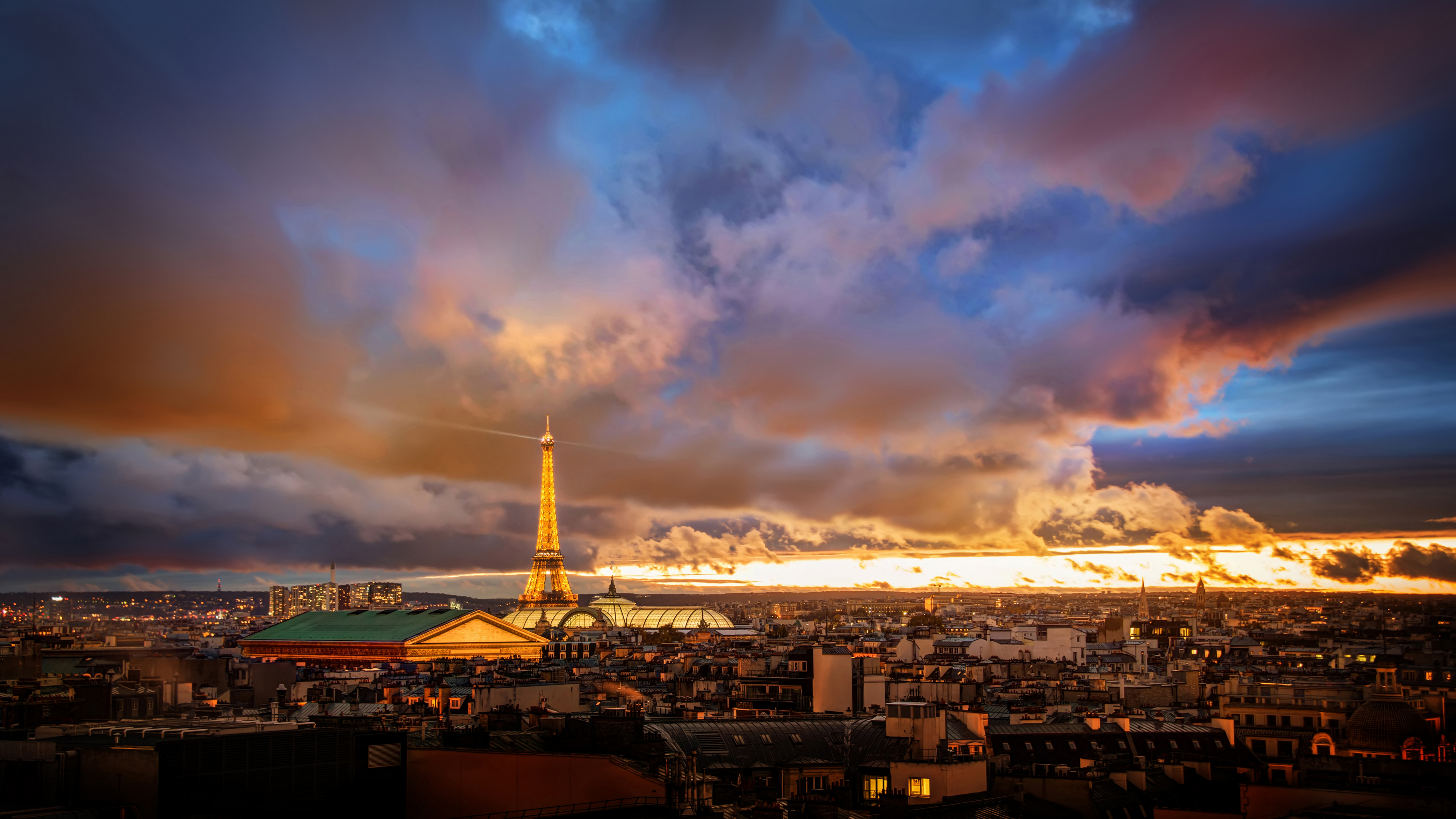 General 3840x2160 Trey Ratcliff photography cityscape France Paris Eiffel Tower building lights clouds storm sky sunset glow