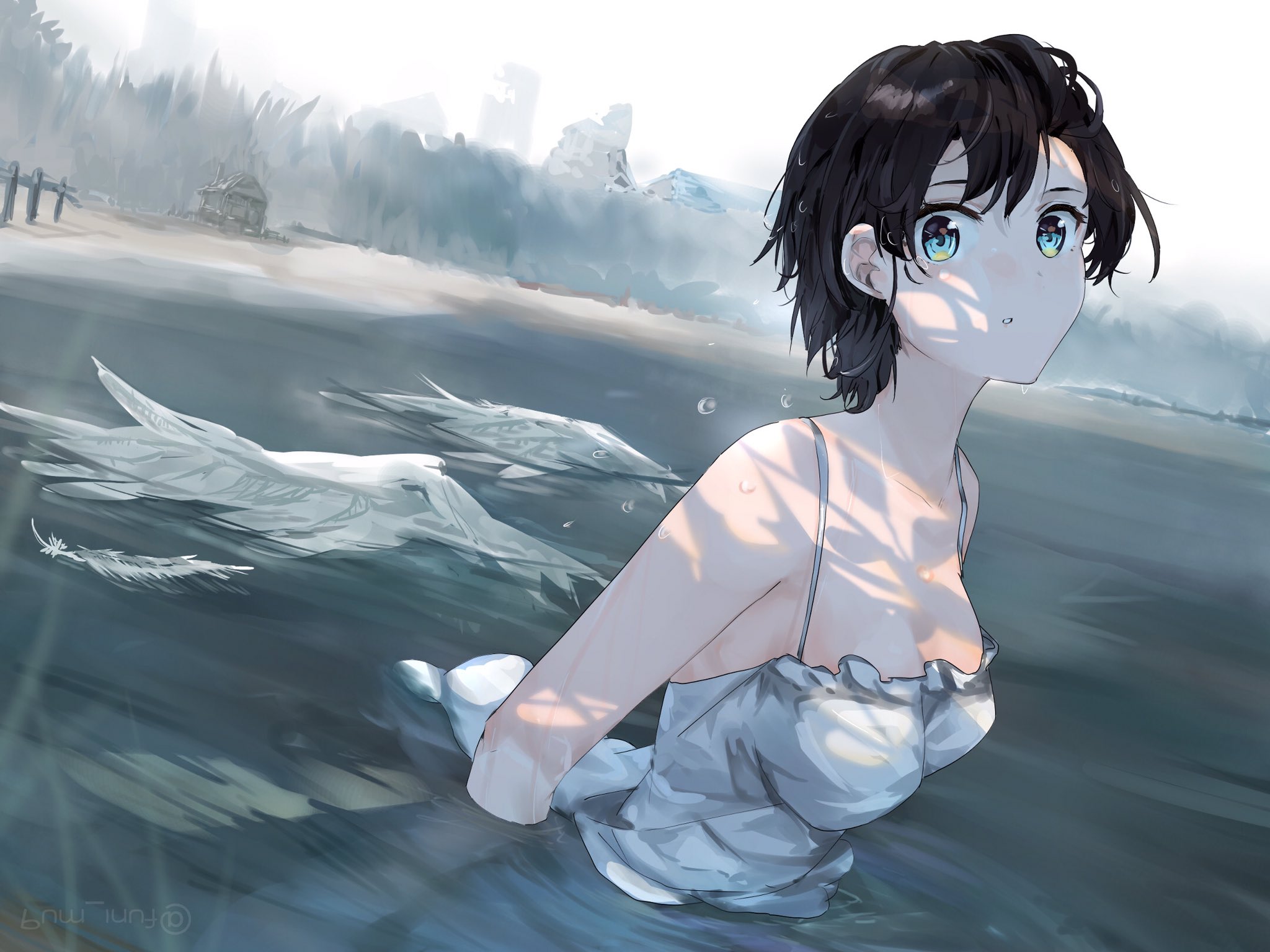 Anime 2048x1536 Hololive Oozora Subaru black hair in water blue eyes Virtual Youtuber water standing in water anime girls feathers wings