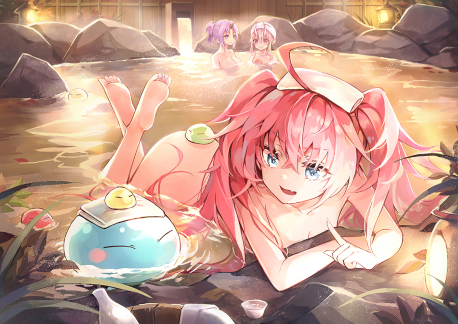 Anime 1500x1061 Milim Nava Tensei Shitara Slime Datta Ken anime girls nude bathing bent over hot spring twintails water in water pink hair blue eyes Shuna Shion (TenSura) ahoge