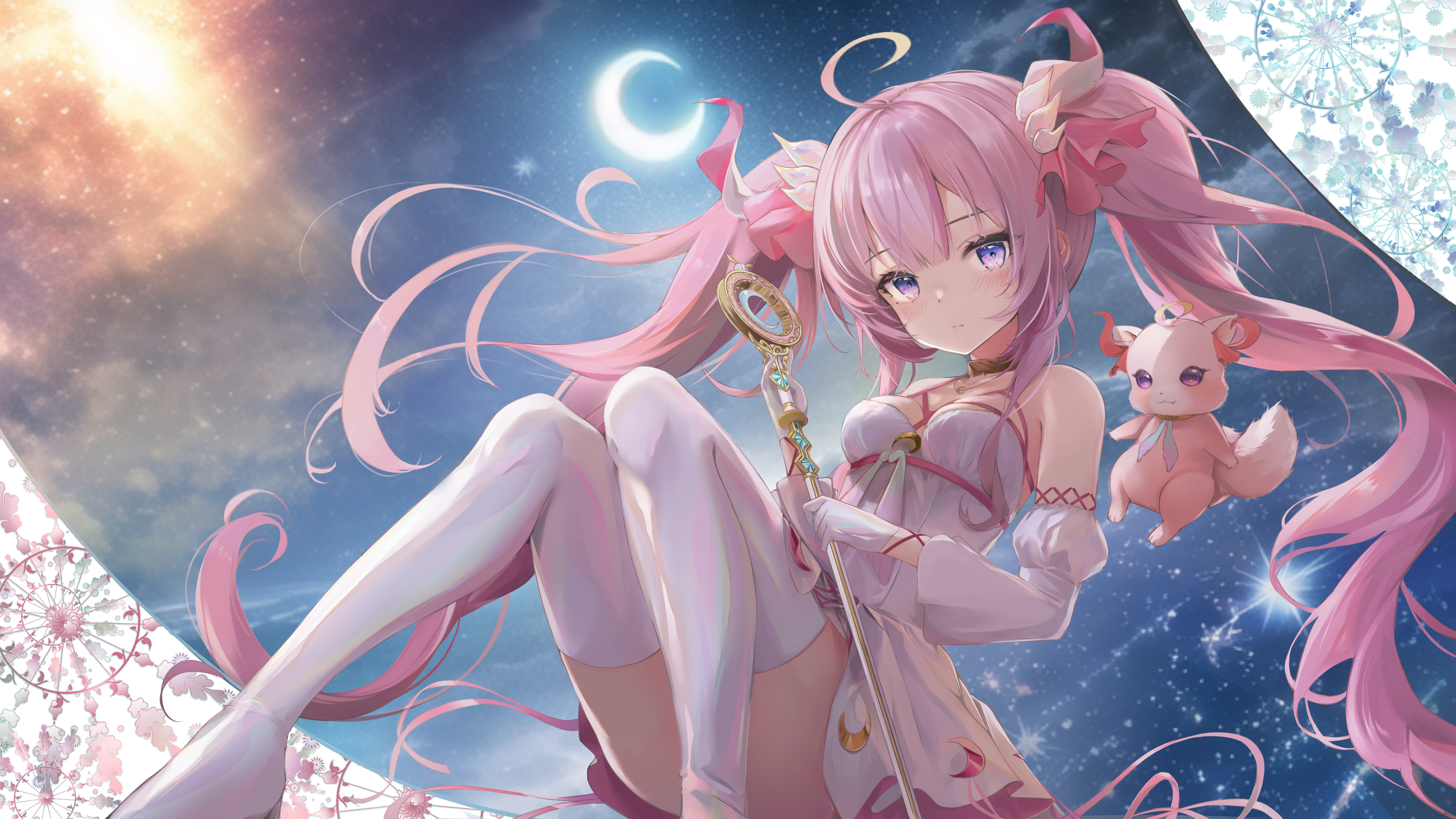 Anime 3840x2160 anime anime girls twintails magical girls Moon crescent moon sky stockings pink hair stars