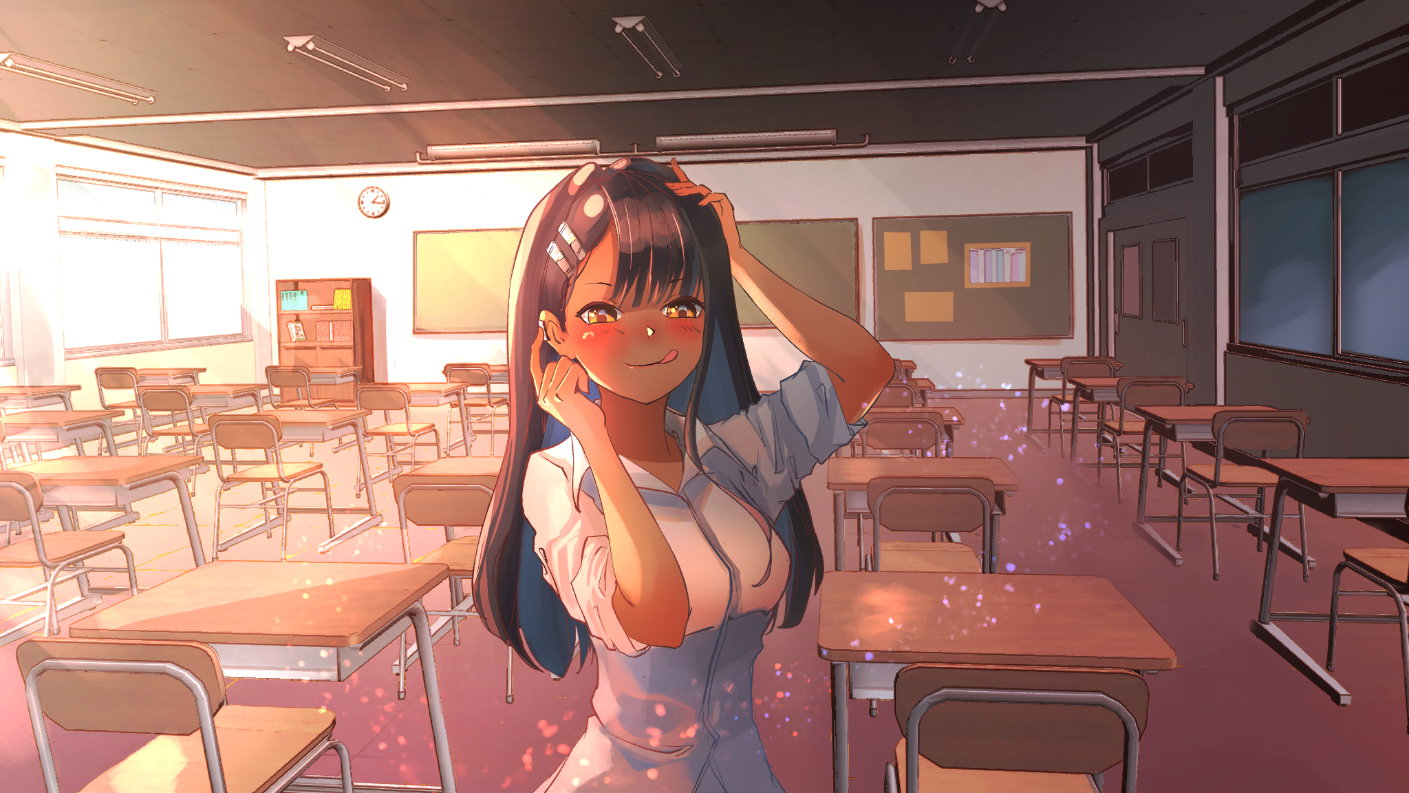 Anime 2048x1152 Nagatoro Hayase tan classroom tongue out blushing smiling black hair Please don't bully me, Nagatoro anime girls dark skin
