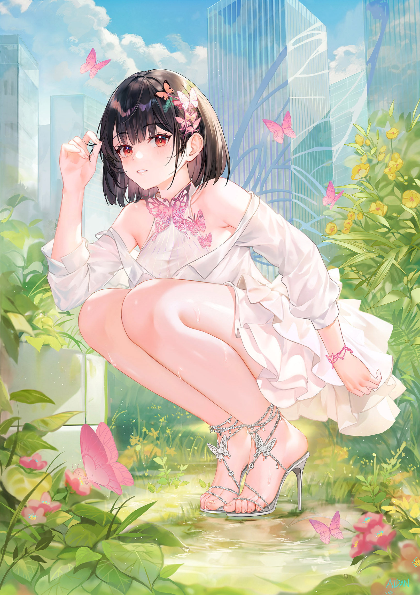 Anime 1626x2300 Atdan anime girls artwork squatting heels butterfly flowers plants water