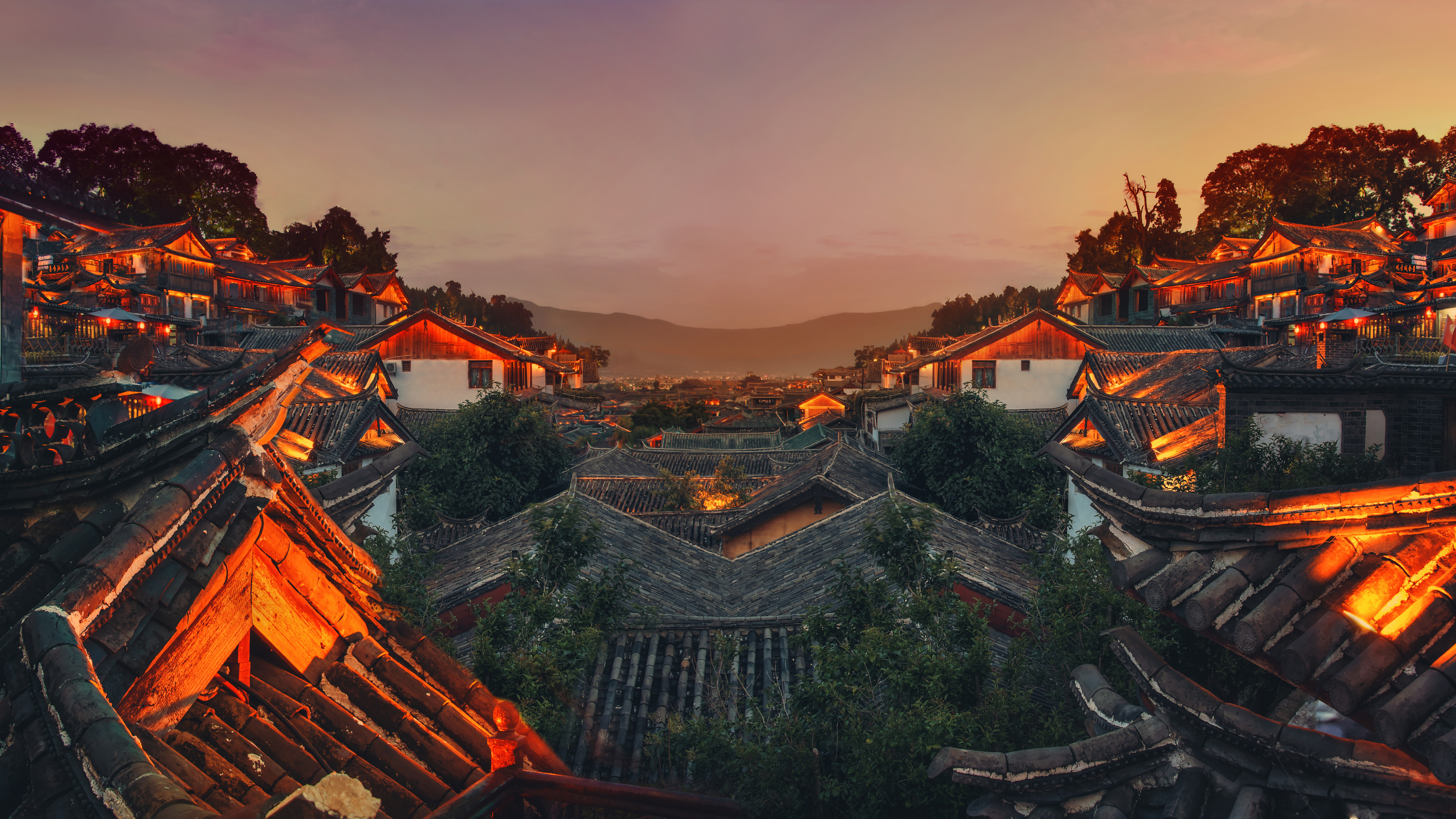 General 3840x2160 China photography Trey Ratcliff sunset mountains horizon Chinese architecture cityscape old building Lijiang City