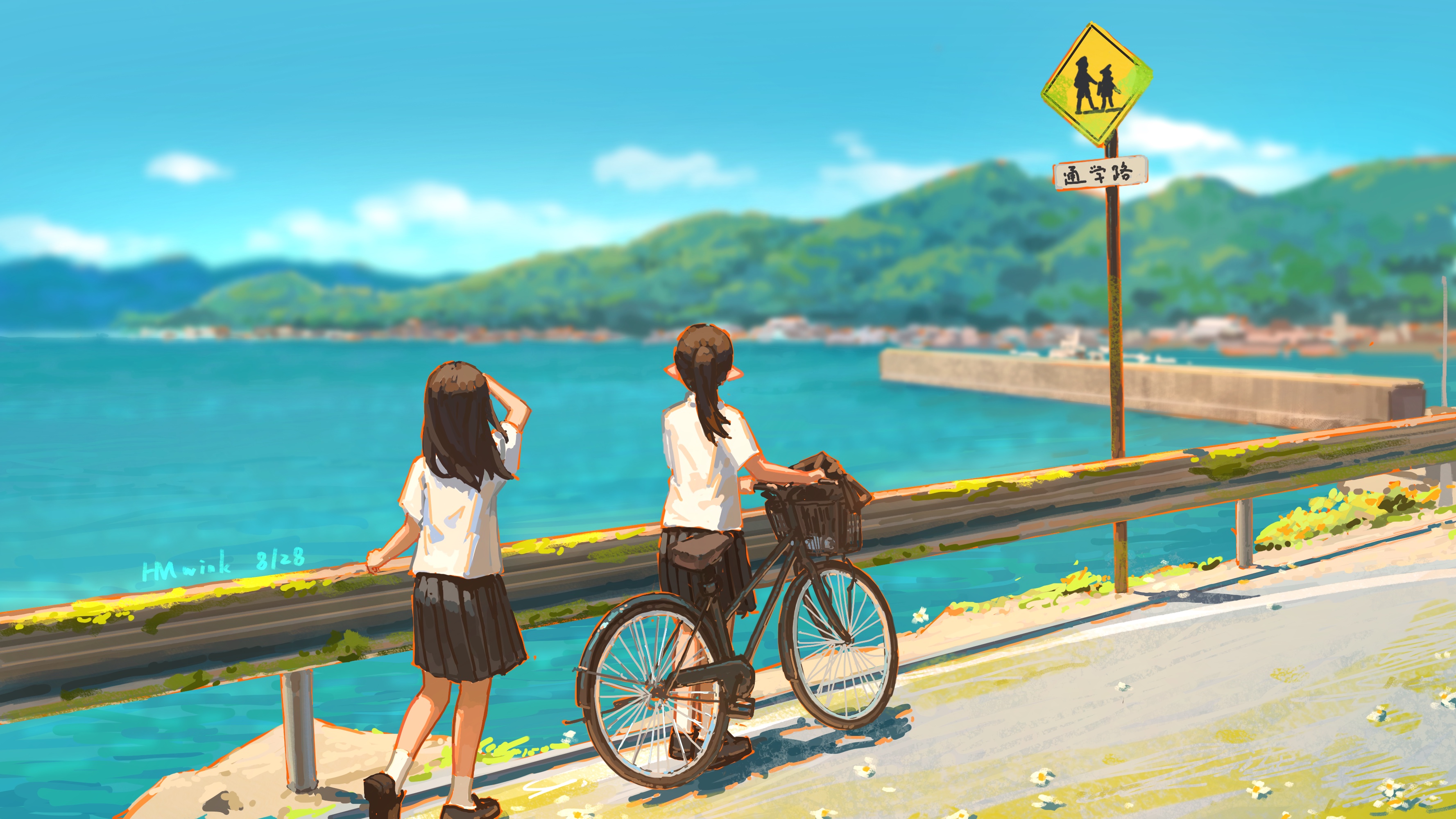Anime 3555x2000 anime bicycle road sea original characters school uniform black hair schoolgirl water text Hua Ming wink walking looking away looking into the distance signature pointy ears ponytail long hair