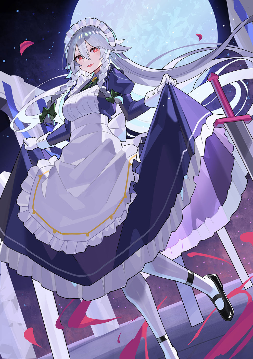 Anime 992x1403 Touhou Izayoi Sakuya anime girls maid outfit maid petals sword Moon lifting dress braids