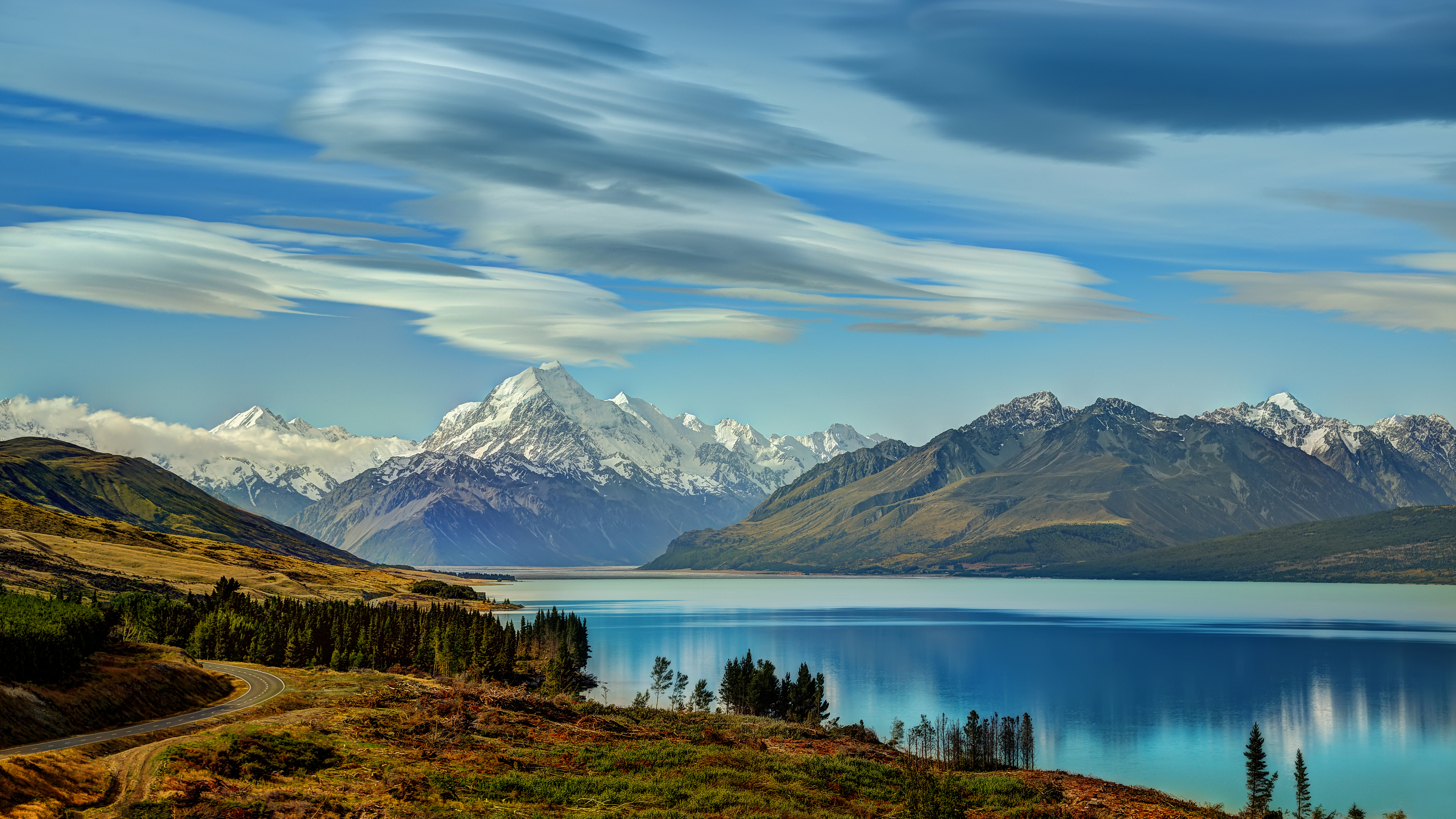 General 3840x2160 Trey Ratcliff photography landscape New Zealand nature mountains snow sky water clouds trees road