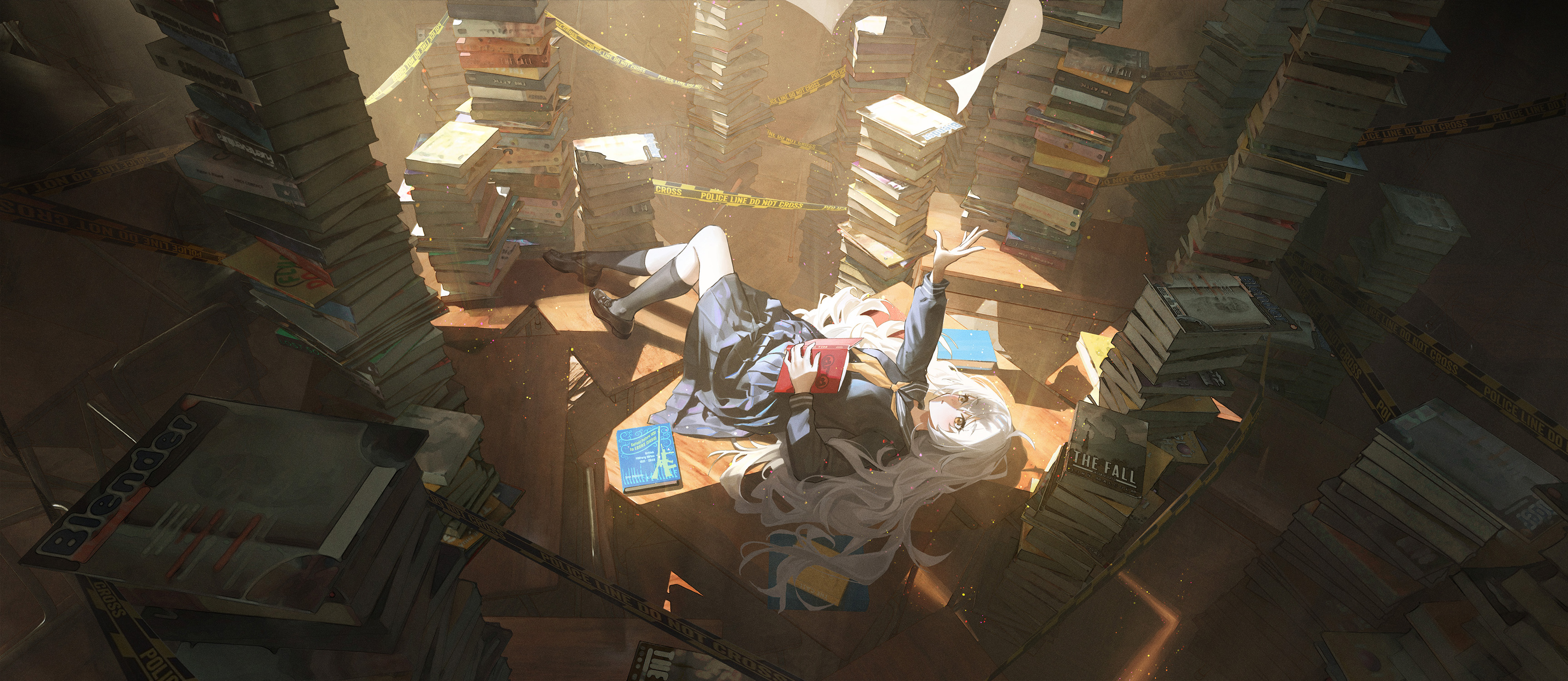 Anime 3450x1500 anime anime girls books lying on back sunlight white hair schoolgirl school uniform arms reaching kirino ttk