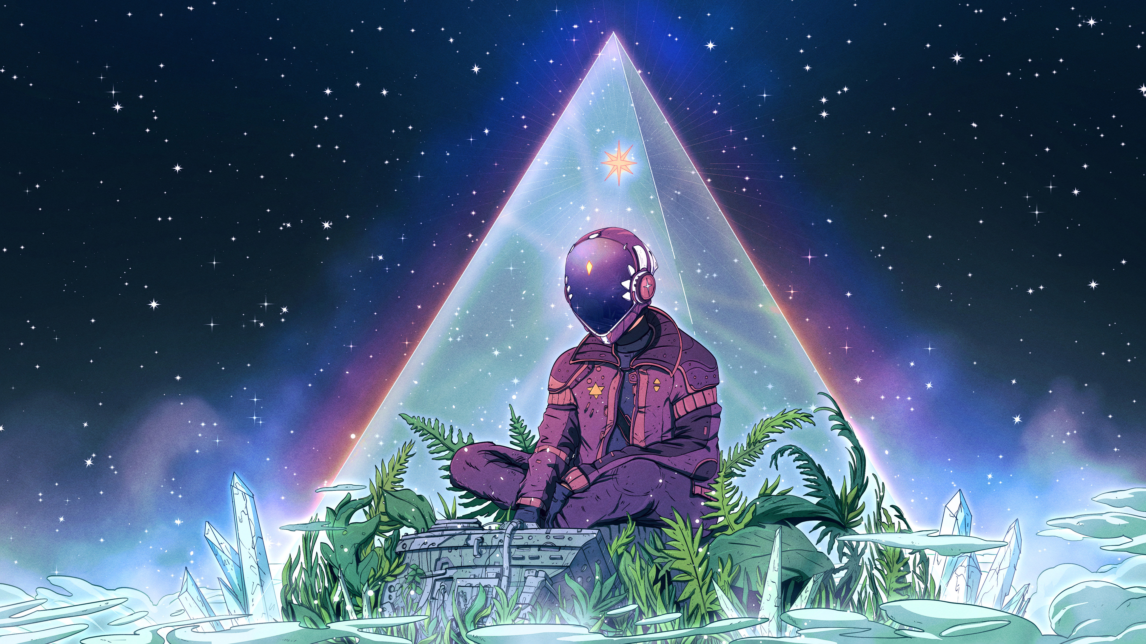 General 3840x2160 Christian Benavides digital art fantasy art pyramid Daft Punk cyberpunk starry night artwork
