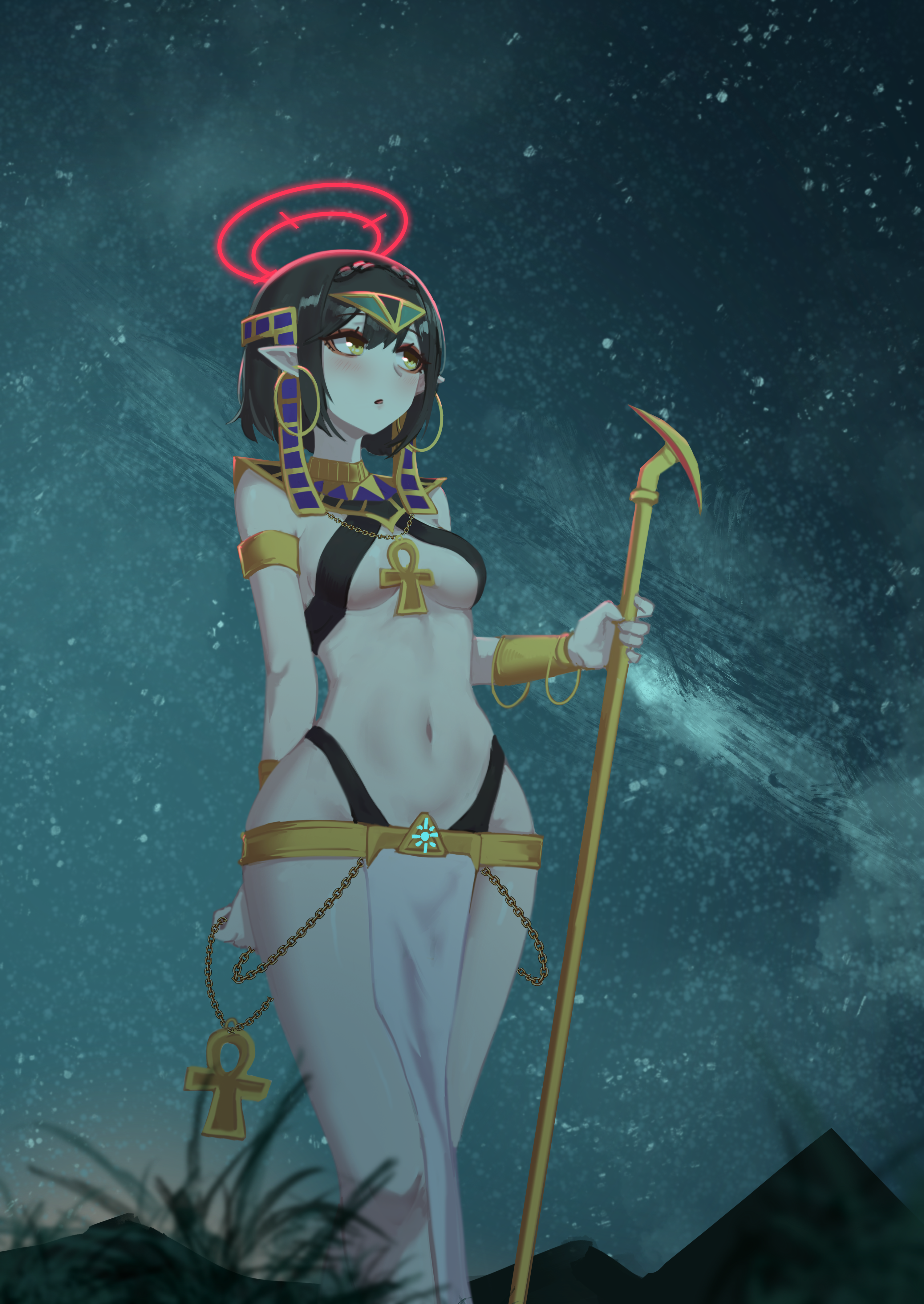 Anime 3000x4232 Blue Archive sky pale anime girls skimpy clothes thighs big boobs pointy ears stars starry night Egyptian Ankh looking away