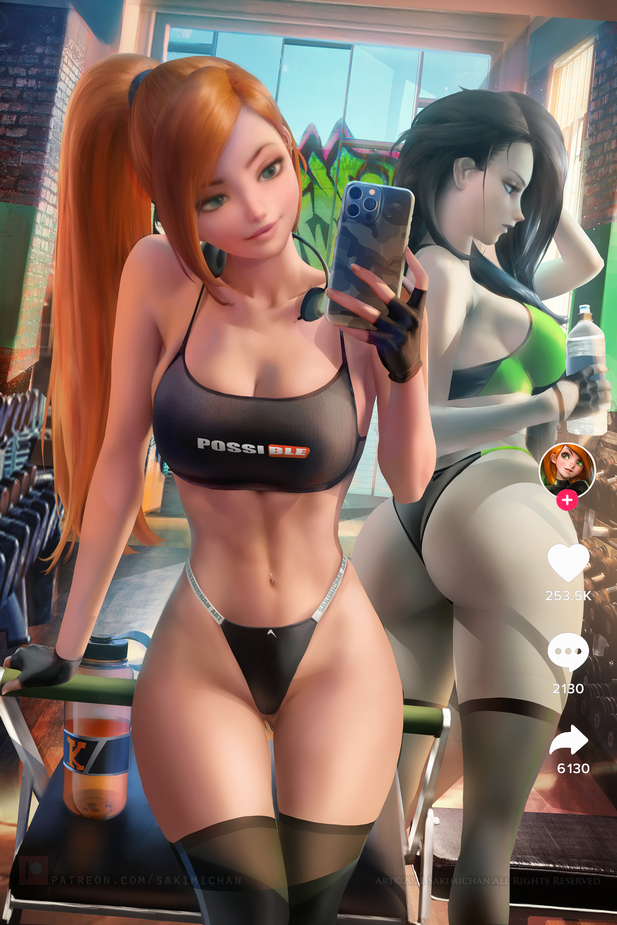 General 2333x3500 Kimberly Ann Possible Shego Kim Possible TV series fictional character 2D artwork drawing fan art Sakimichan gyms selfies reflection cartoon stockings sports bra water bottle cleavage ponytail ass big boobs sideboob phone