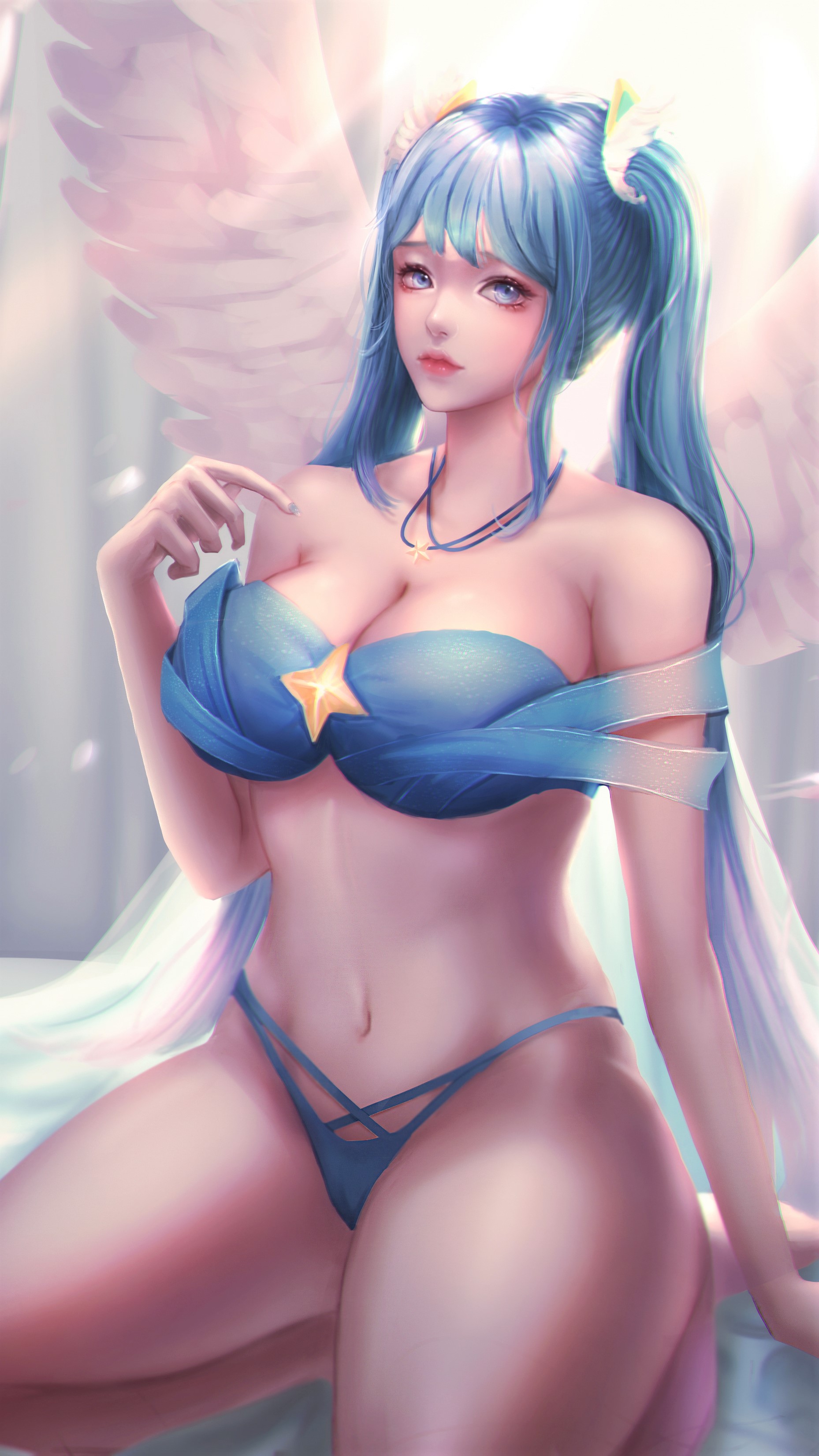 Blue Hair Blue Eyes Belly Cleavage Big Boobs Anime Girls Twintails Swimwear Wings