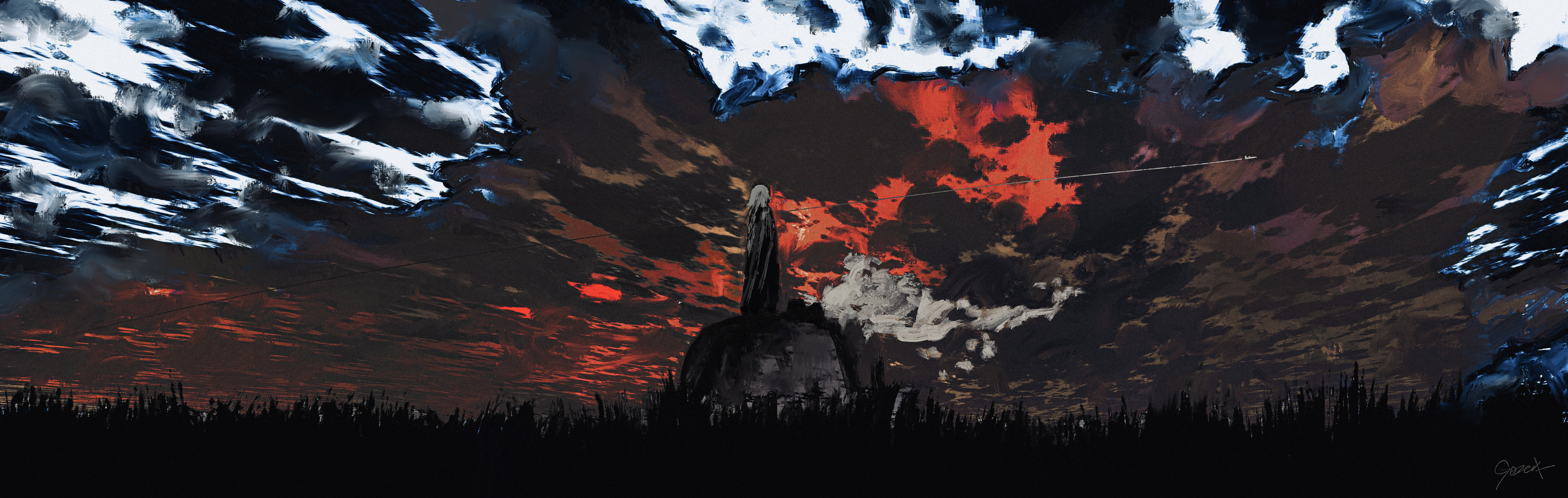 Anime 8211x2606 outdoors sky red sky anime boys clouds artwork