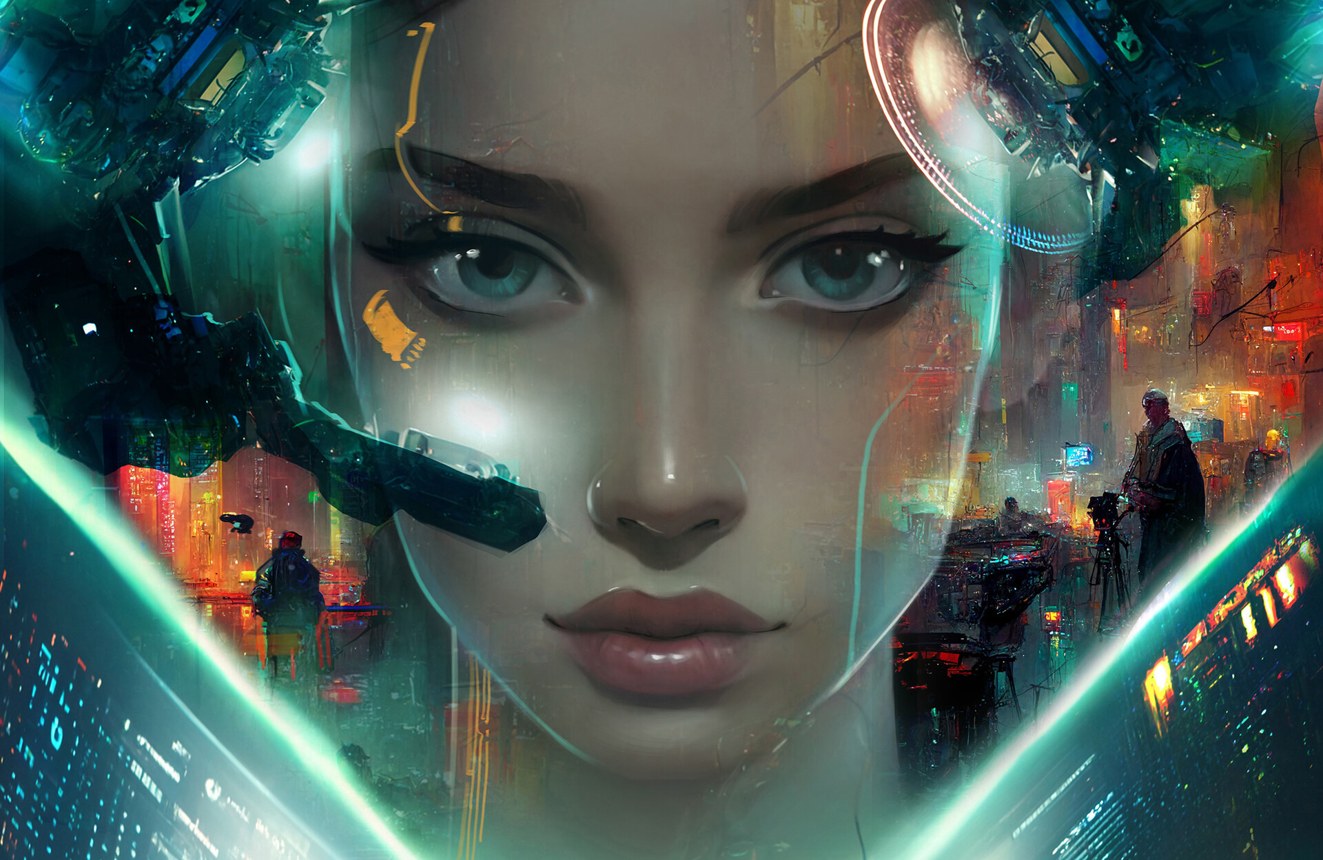 General 1920x1249 artwork women digital art face cyberpunk futuristic science fiction looking at viewer science fiction women closeup