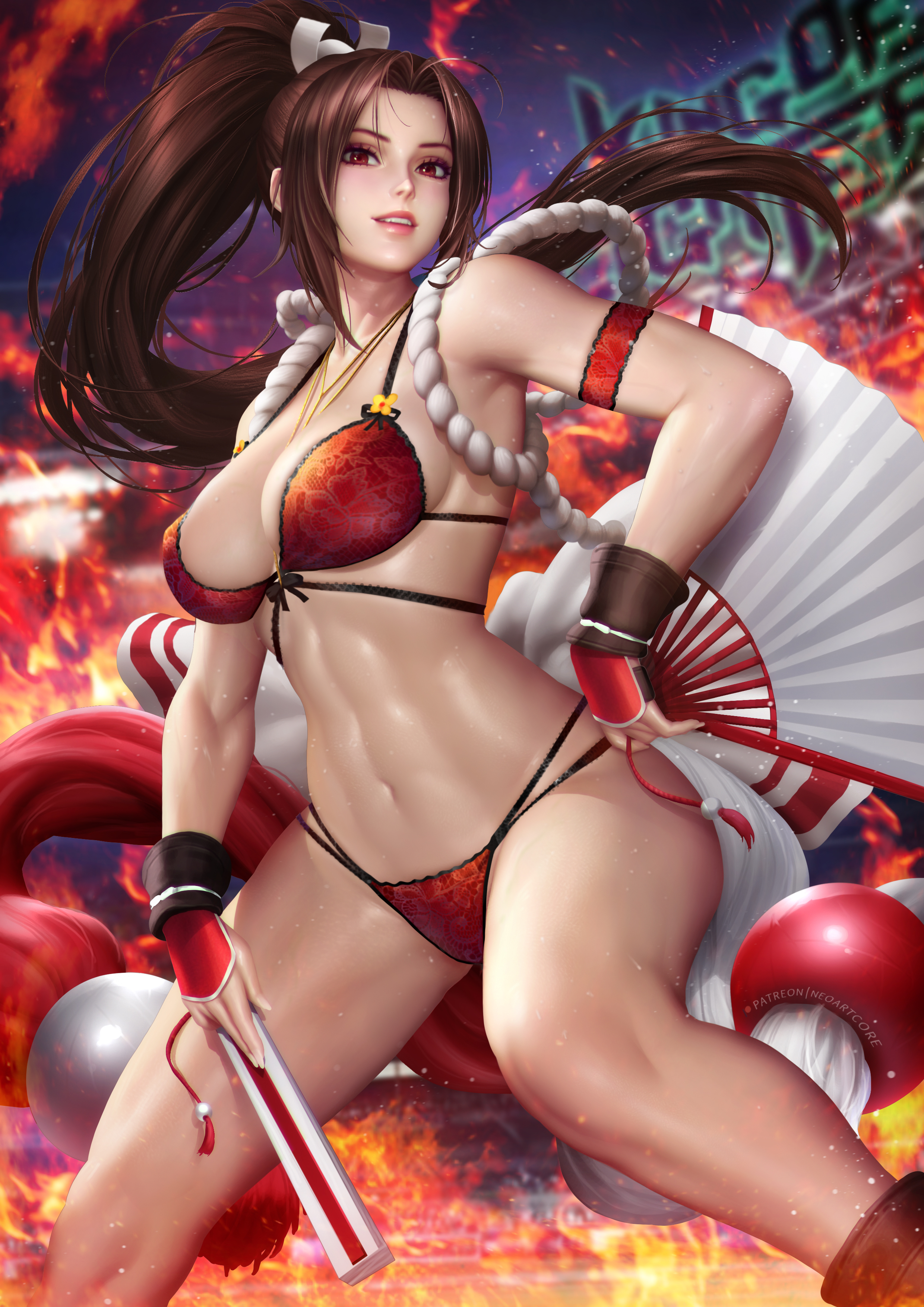 General 2480x3508 Mai Shiranui Fatal Fury King of Fighters SNK video games video game characters video game girls fantasy girl brunette women ponytail long hair red eyes looking at viewer smiling low-angle lace lingerie red lingerie bra panties belly fire depth of field ropes fans portrait display artwork digital art illustration drawing fan art NeoArtCorE (artist)
