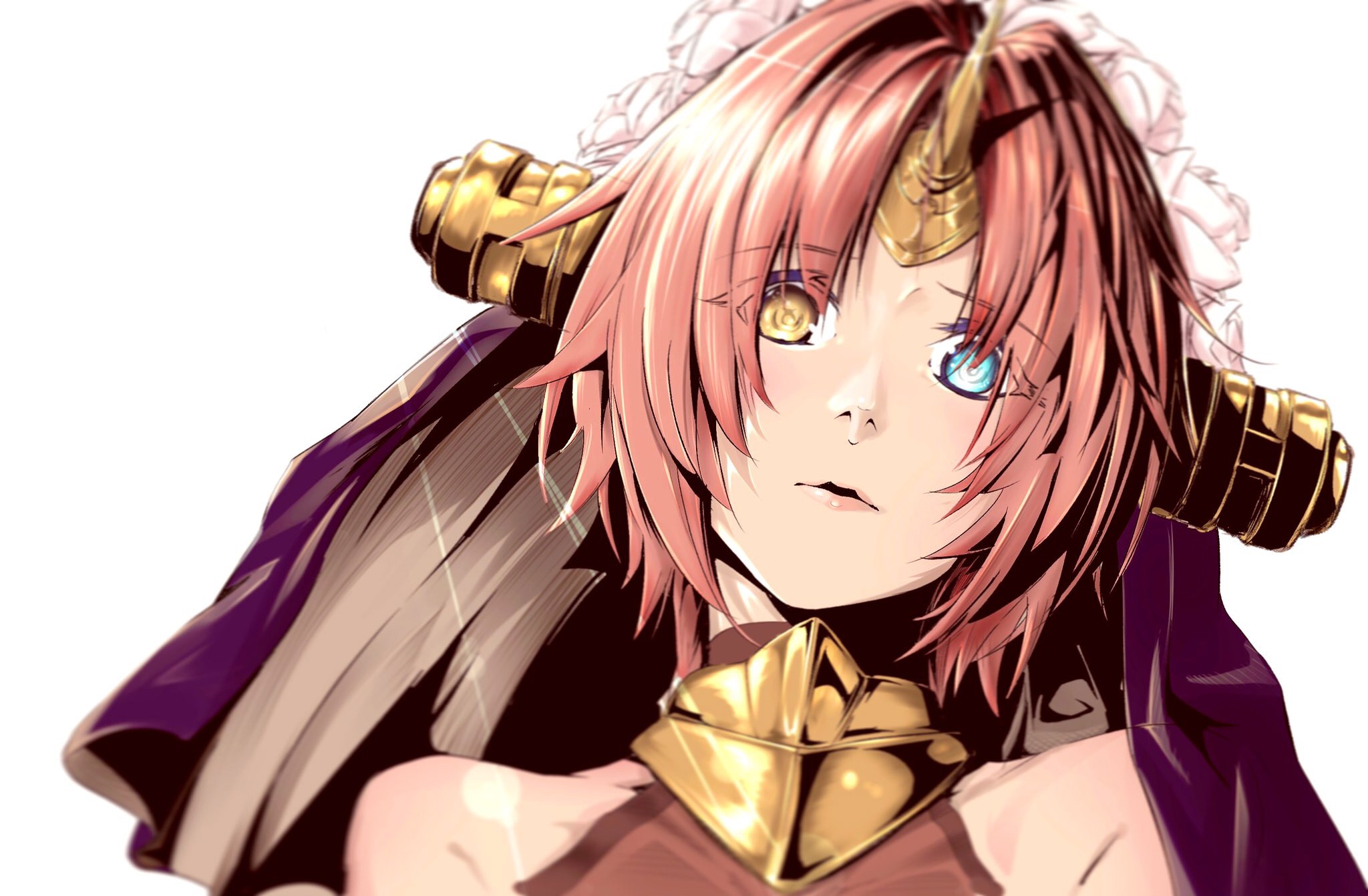 Anime 2048x1342 Fate series Fate/Grand Order Fate/Apocrypha  anime girls monster girl heterochromia 2D horns wedding dress open mouth short hair redhead fan art looking at viewer simple background Frankenstein (Fate/Apocrypha) anime