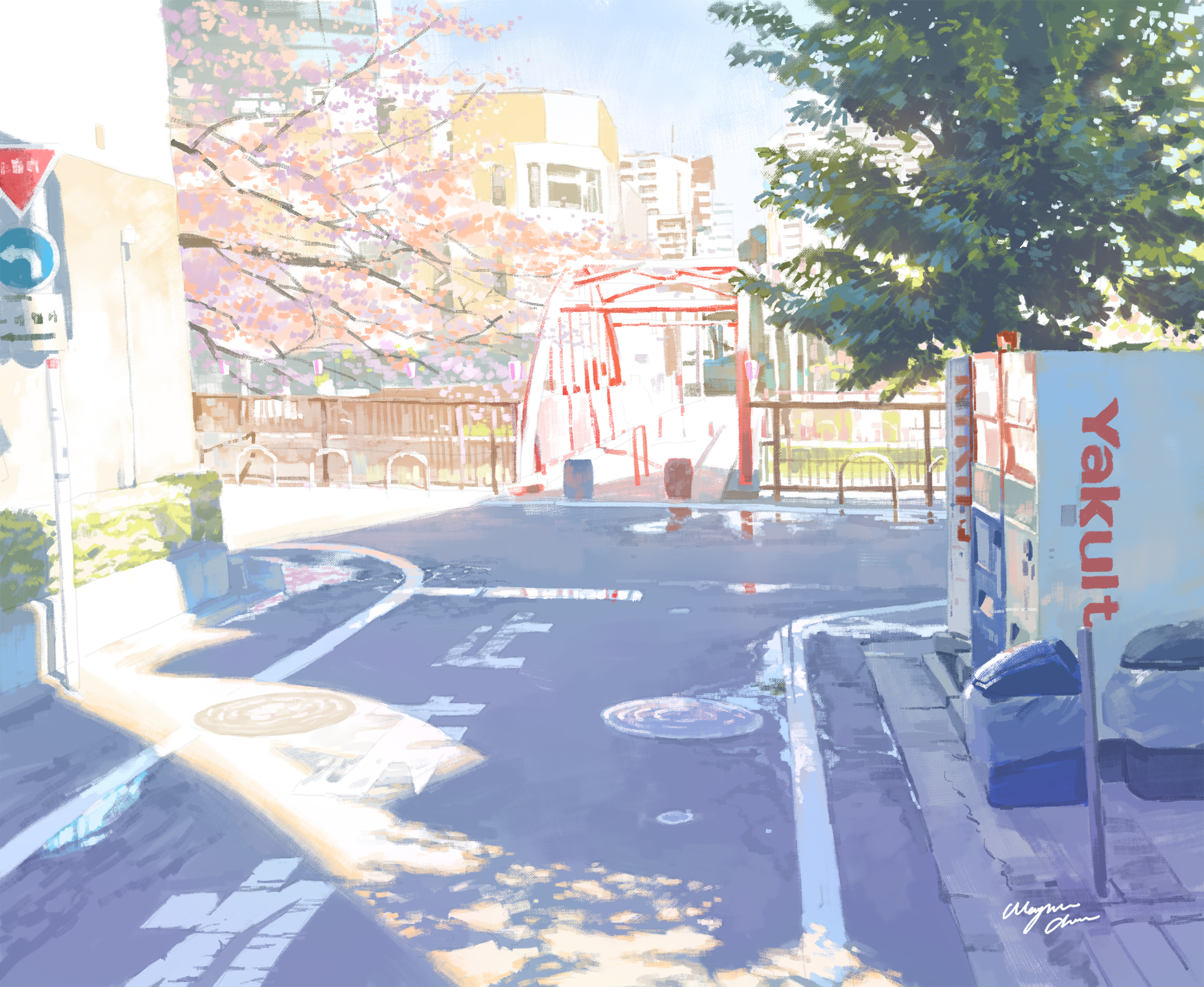 Anime 2500x2049 anime street trees artwork digital art