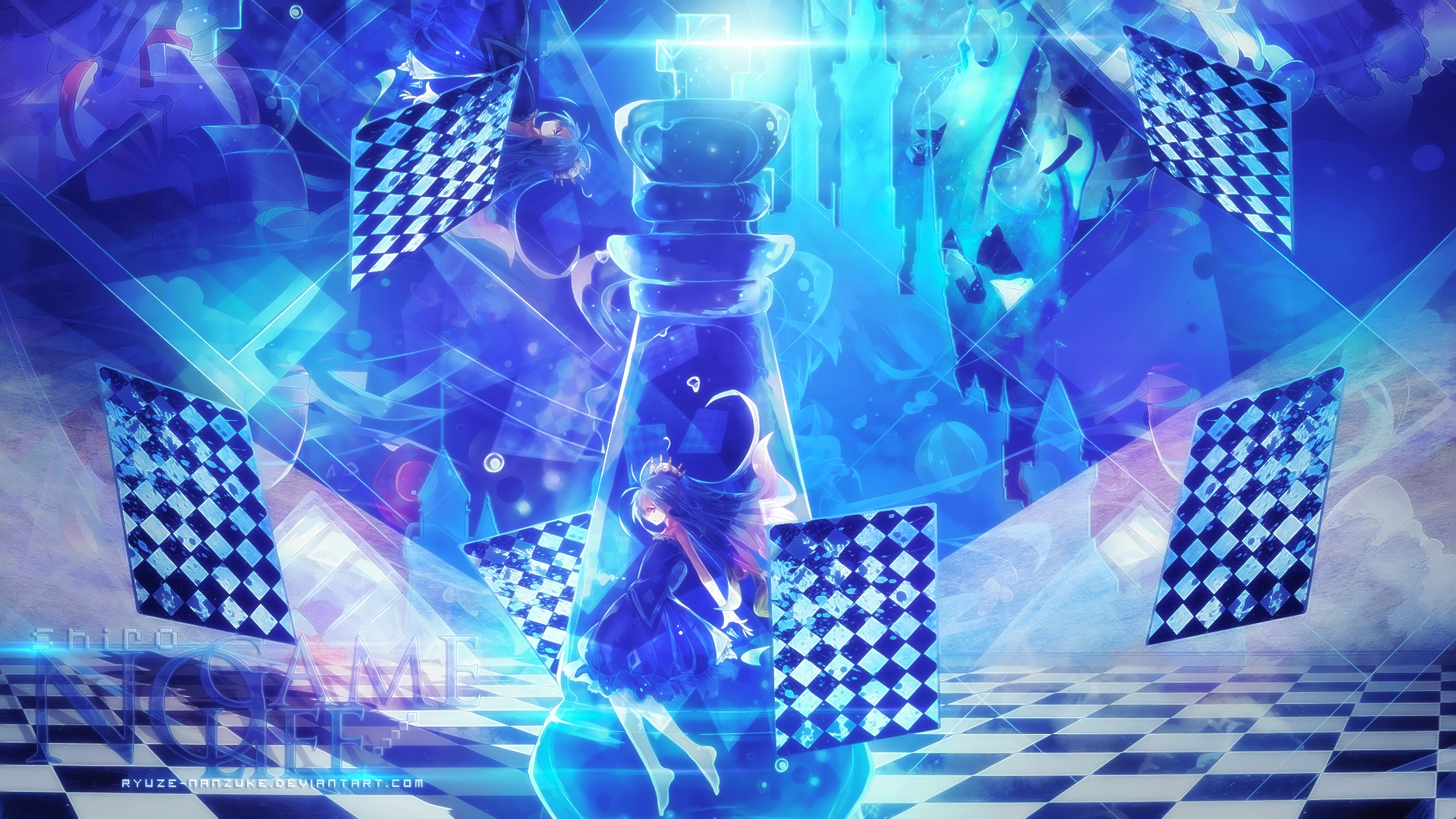 Anime 1920x1080 anime No Game No Life anime girls chess digital art Shiro (No Game No Life) dress blue cyan checkered