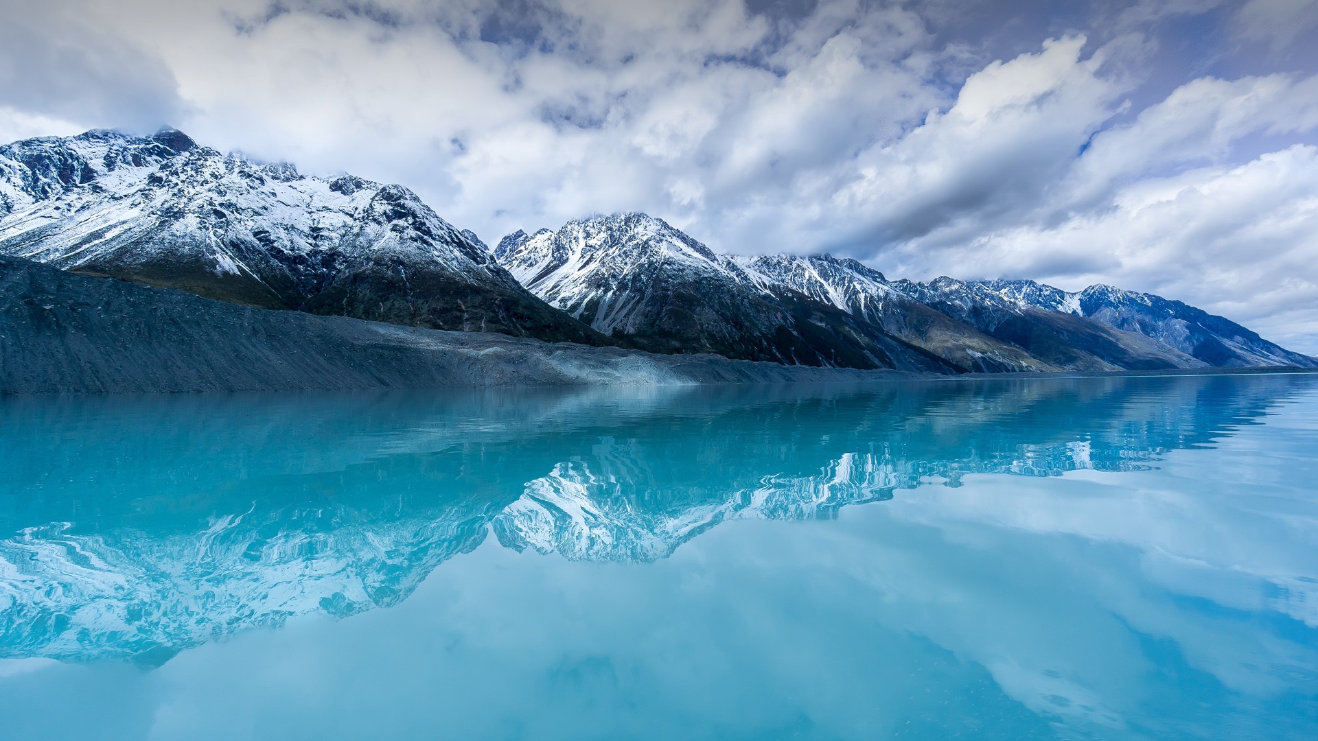 General 1920x1080 nature landscape mountains snow clouds sky water water ripples reflection snowy mountain Tasman Lake New Zealand