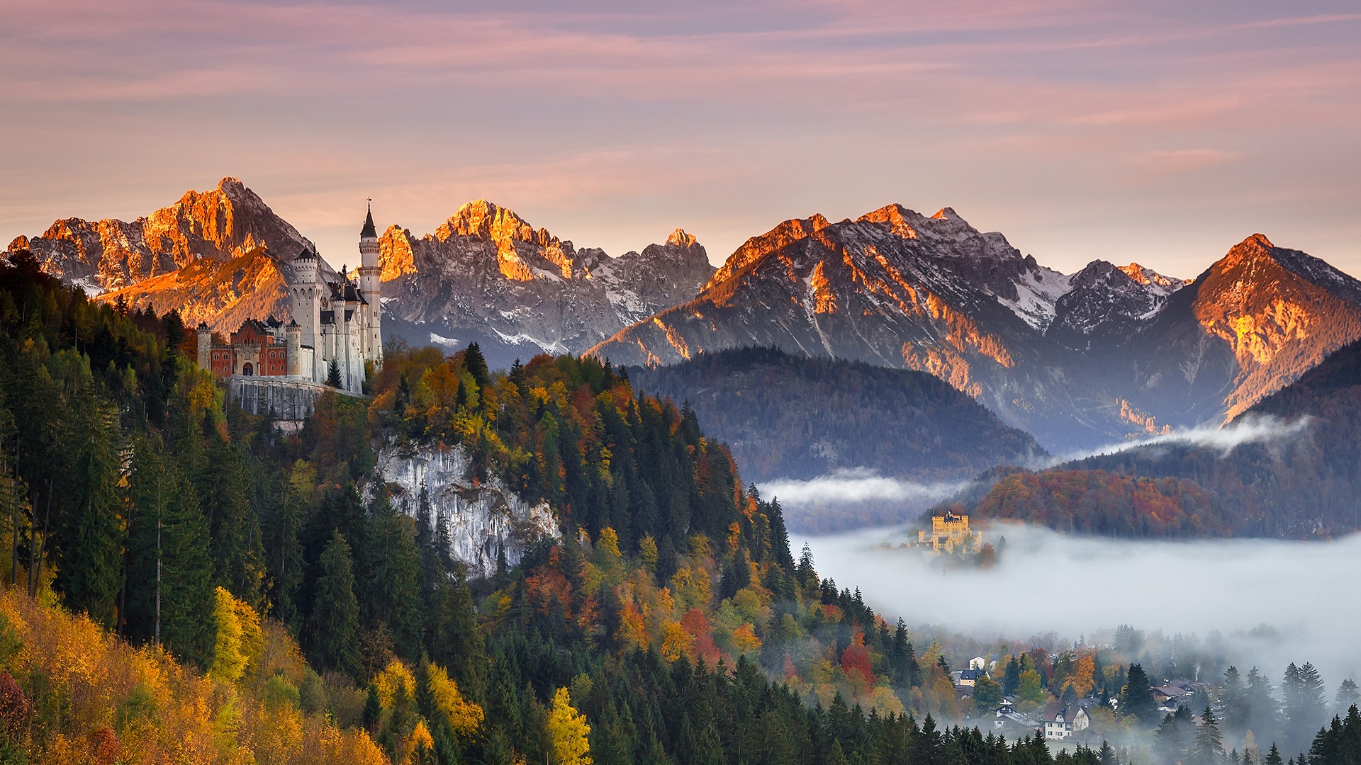 General 1920x1080 nature landscape trees forest castle mountains clouds town mist fall snowy mountain Neuschwanstein Castle Germany