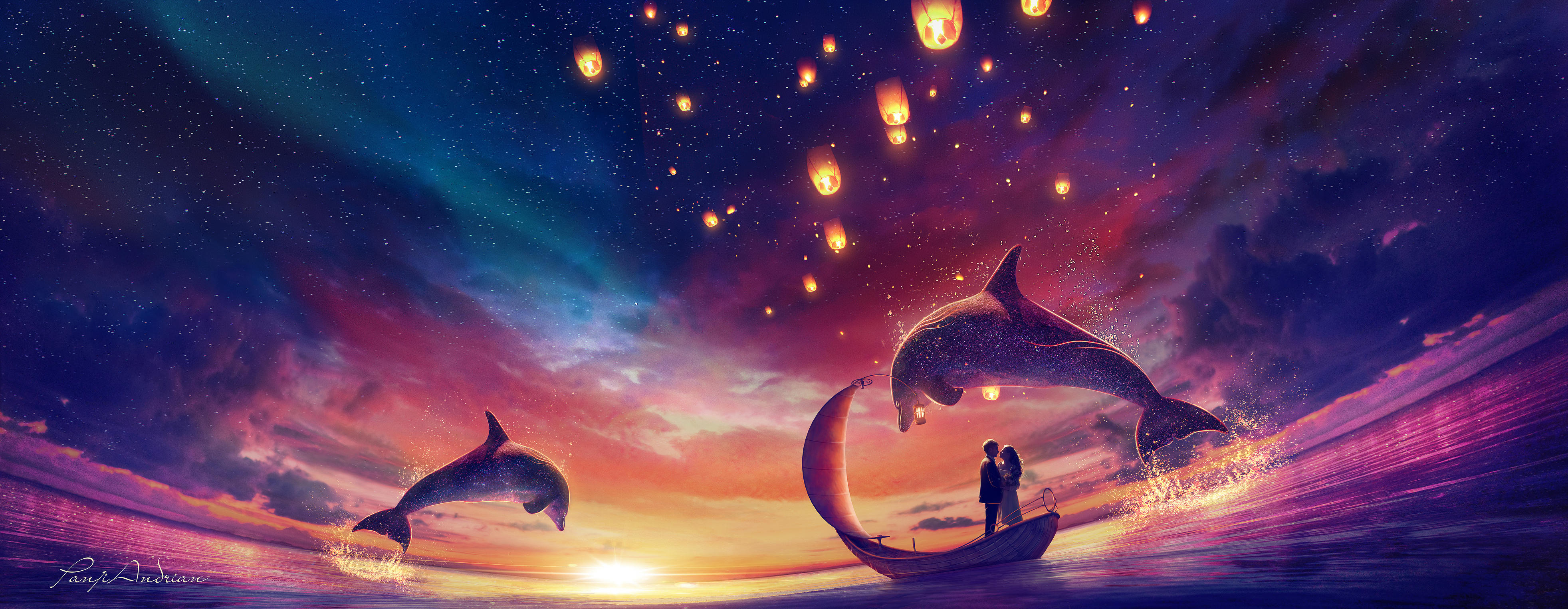 General 3927x1527 digital digital art artwork illustration drawing digital painting environment concept art dolphin animals dusk sunset Sun sun rays evening night landscape sky skyscape couple boat love romance lights water sea clouds nature outdoors dreamscape