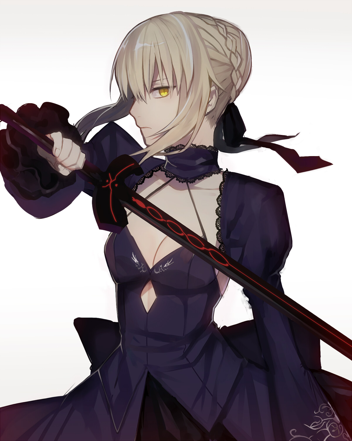 Anime 1200x1500 Fate series Fate/Grand Order Fate/Stay Night fate/stay night: heaven's feel anime girls portrait display 2D digital art fan art simple background black dress fantasy weapon yellow eyes small boobs long hair Saber Alter cleavage Artoria Pendragon