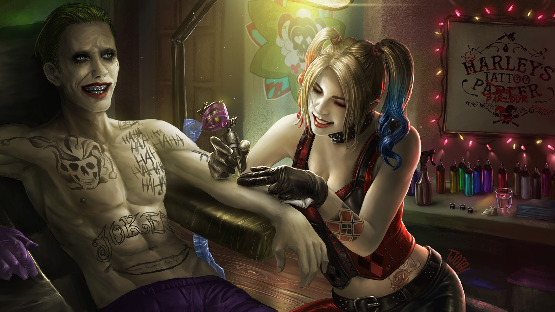 General 1920x1080 Tattoo Artist tattoo Joker Harley Quinn Suicide Squad DC Comics