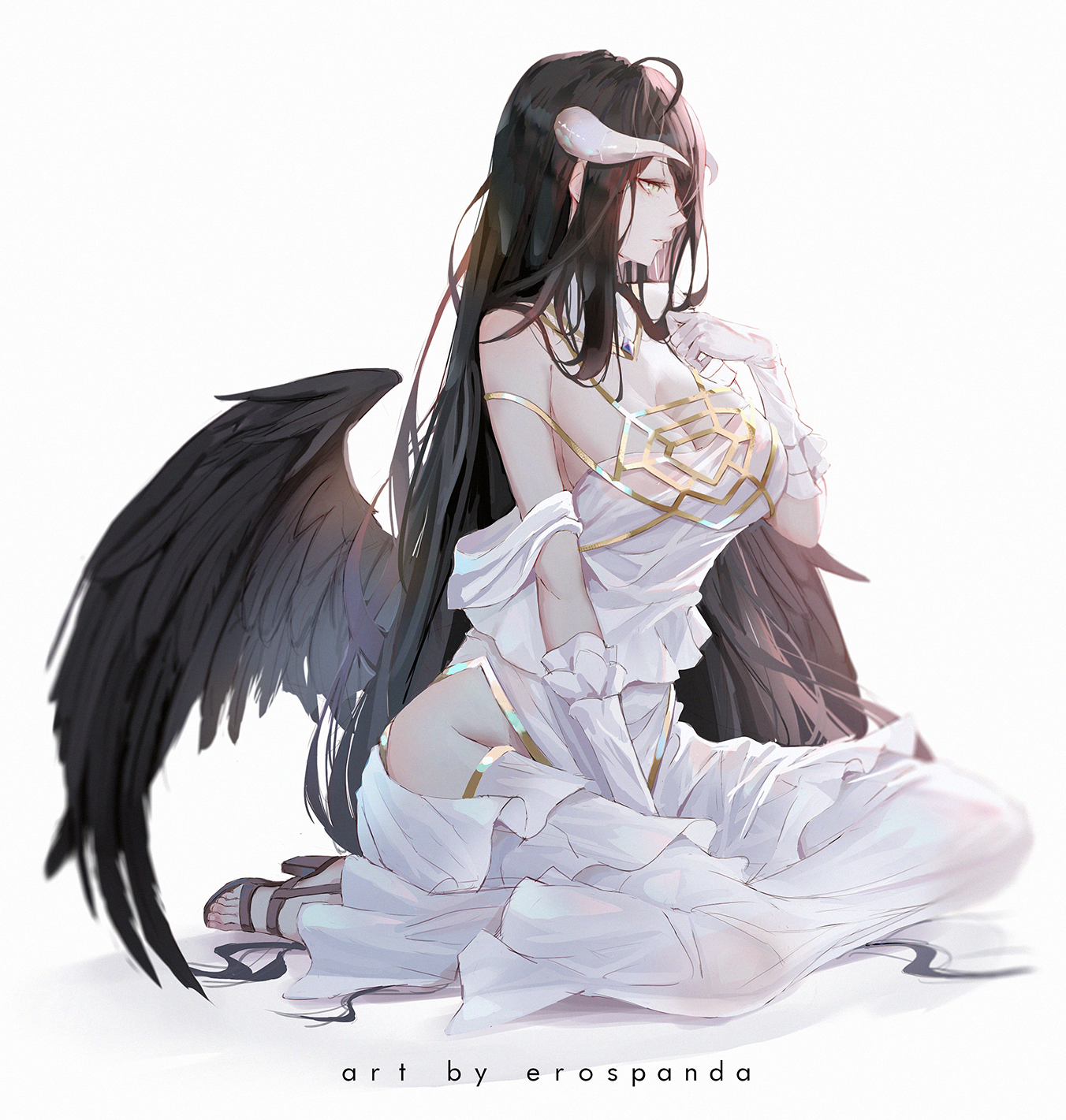 Anime 1352x1421 anime girls simple background Overlord (anime) Albedo (OverLord) fan art succubus black hair demon horns long hair white dress 2D big boobs monster girl cleavage ecchi thighs the gap curvy black wings long sleeves yellow eyes heels