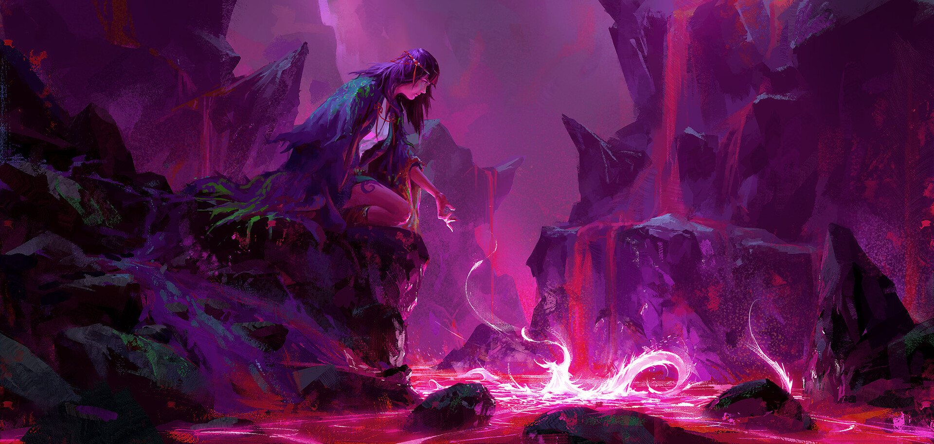 General 1920x913 colorful magic women fantasy art rocks water witch purple