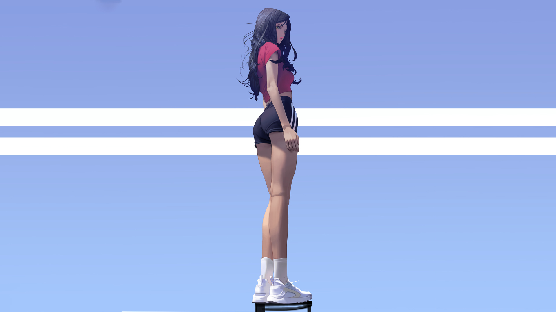 General 1920x1080 anime artwork legs black hair short shorts Wonbin Lee simple background lines standing long hair women