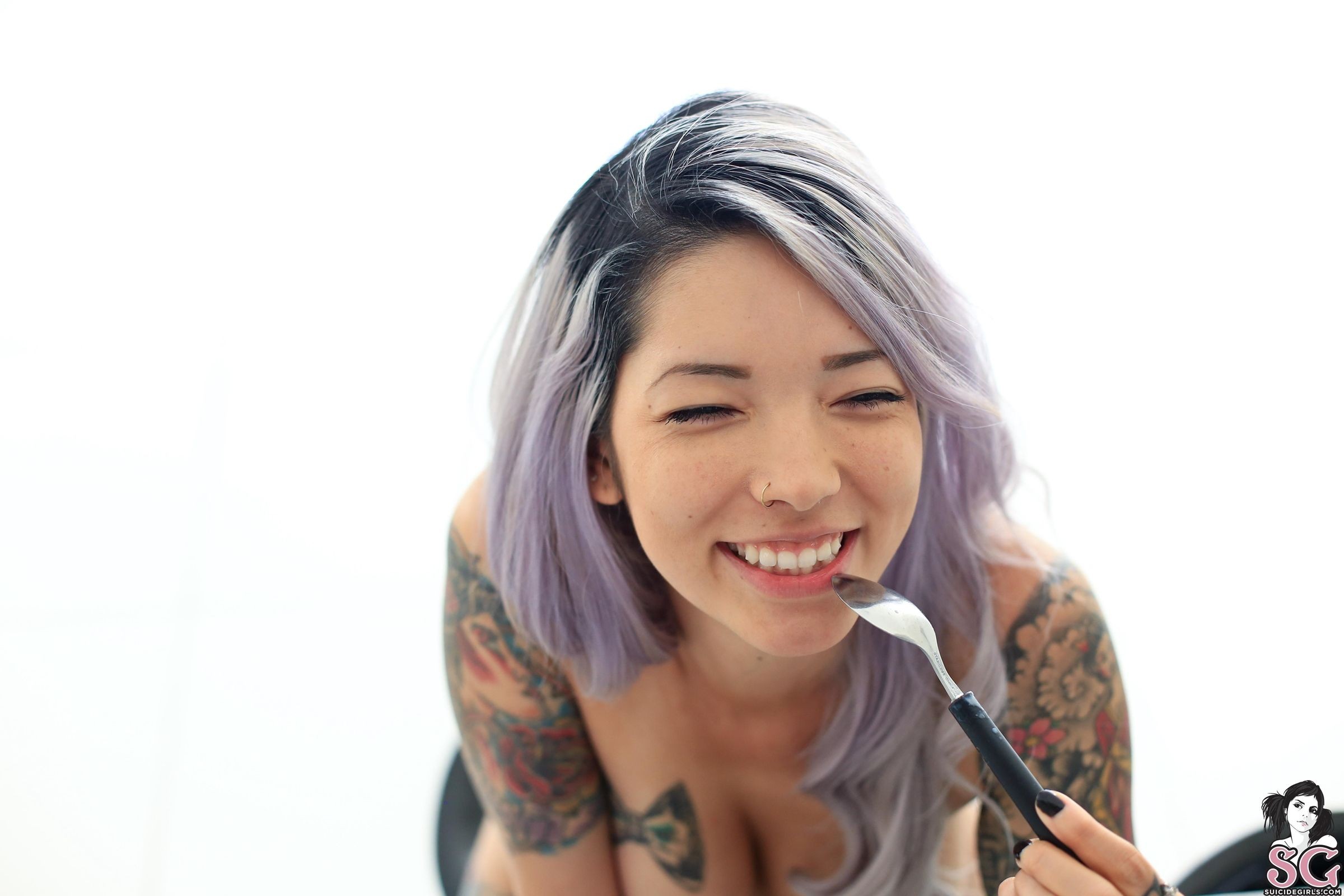People 2400x1600 Myca Suicide Suicide Girls tattoo inked girls Asian dyed hair pierced nose smiling women