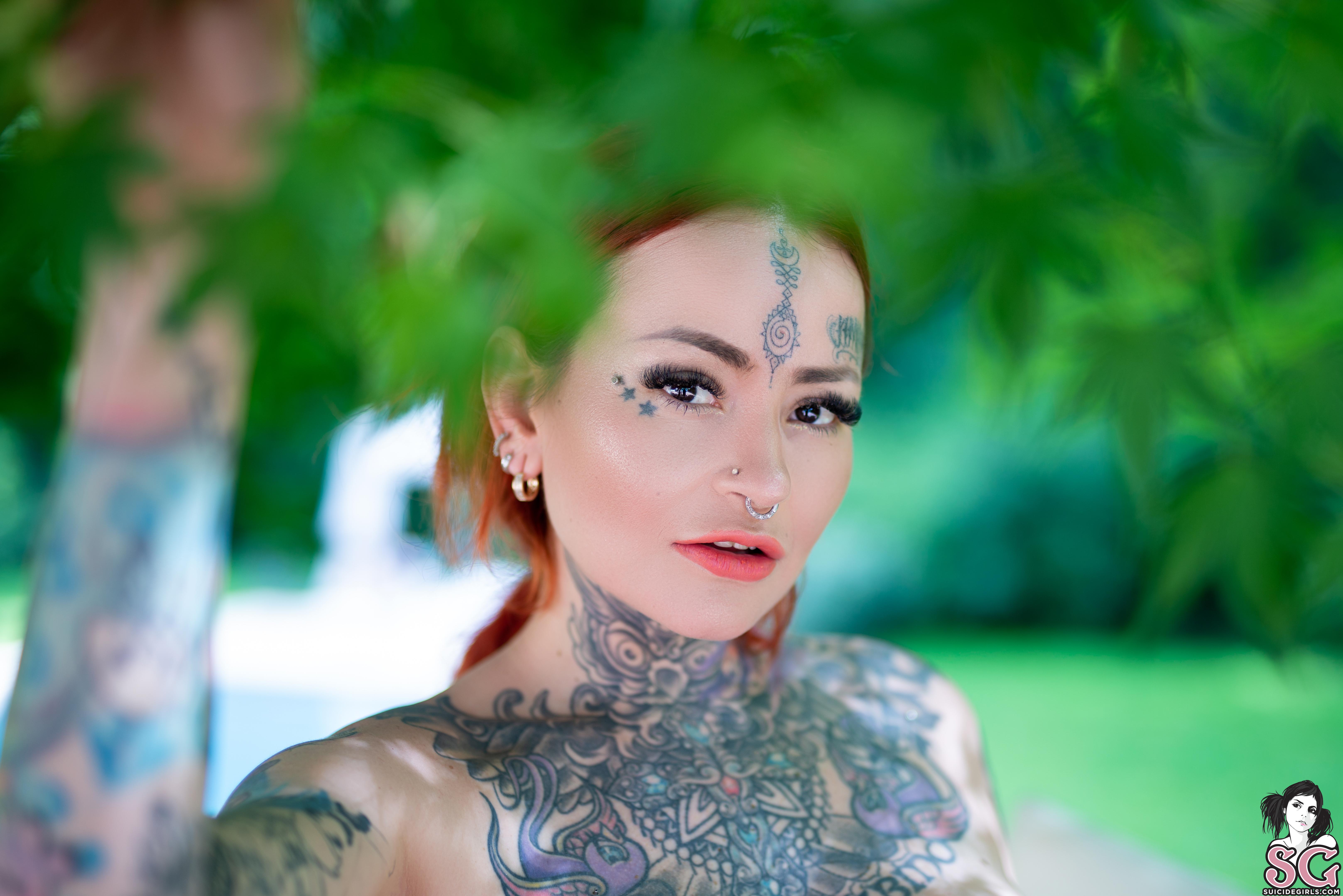 People 6468x4317 Krito Suicide women inked girls redhead nature garden trees Suicide Girls blurred