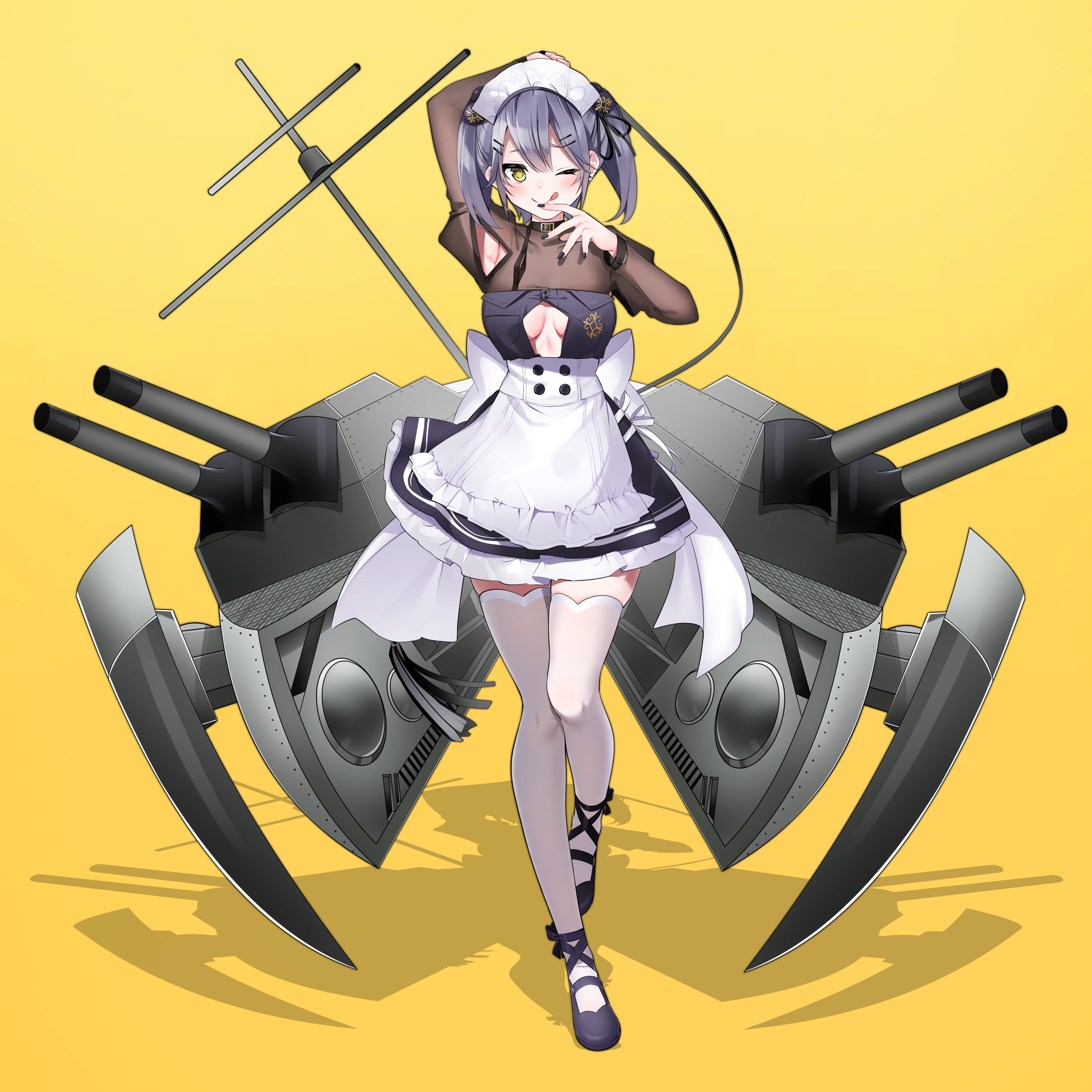 Anime 5000x5000 anime anime girls digital art artwork 2D portrait display Xretakex Blue Oath weapon cleavage maid maid outfit no bra smiling wink thigh-highs tongue out simple background yellow background