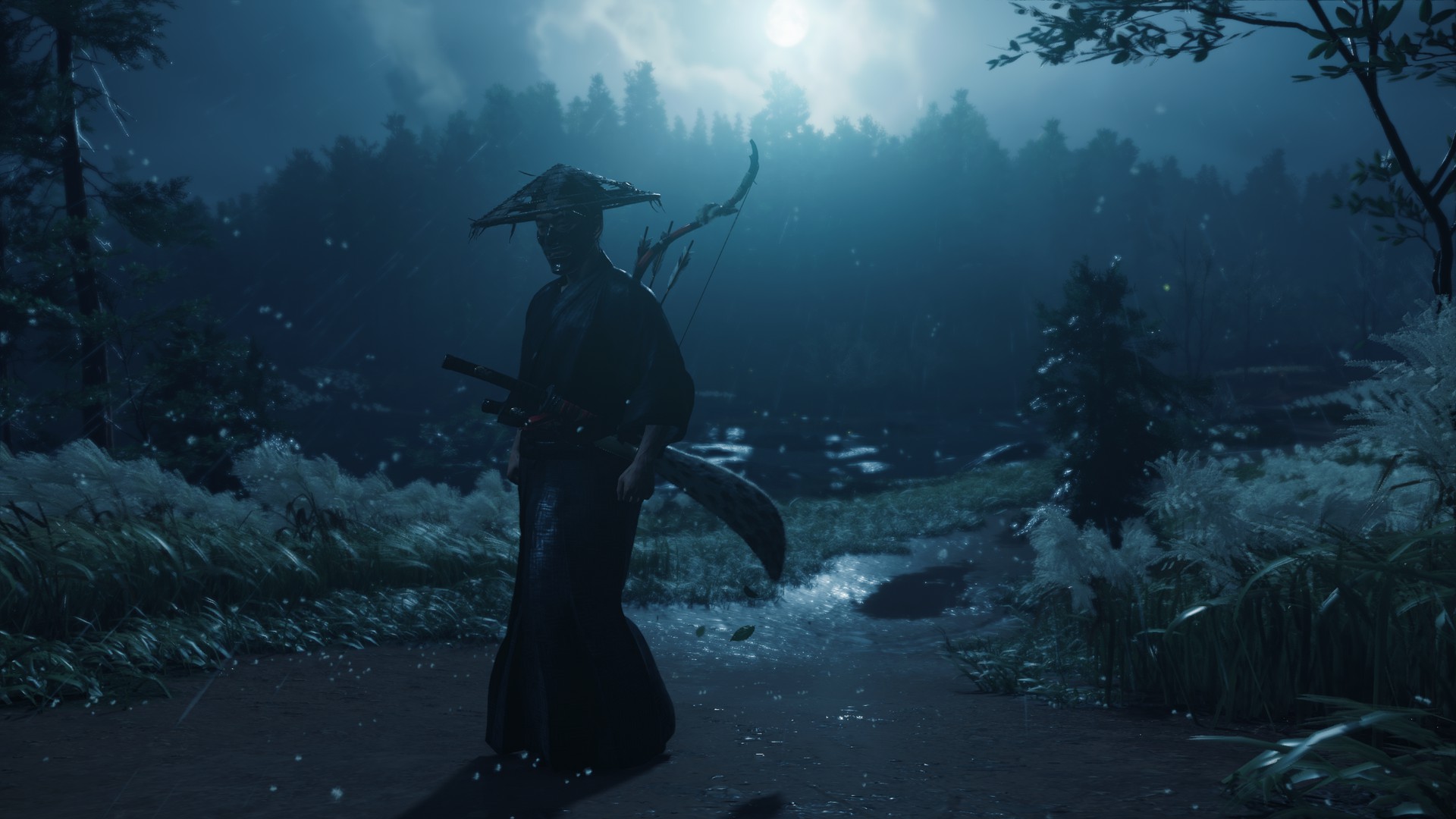 General 1920x1080 Ghost of Tsushima  samurai video games screen shot Sucker Punch Productions Activision video game art video game men standing video game characters CGI night sky Moon clouds trees ground leaves straw hat