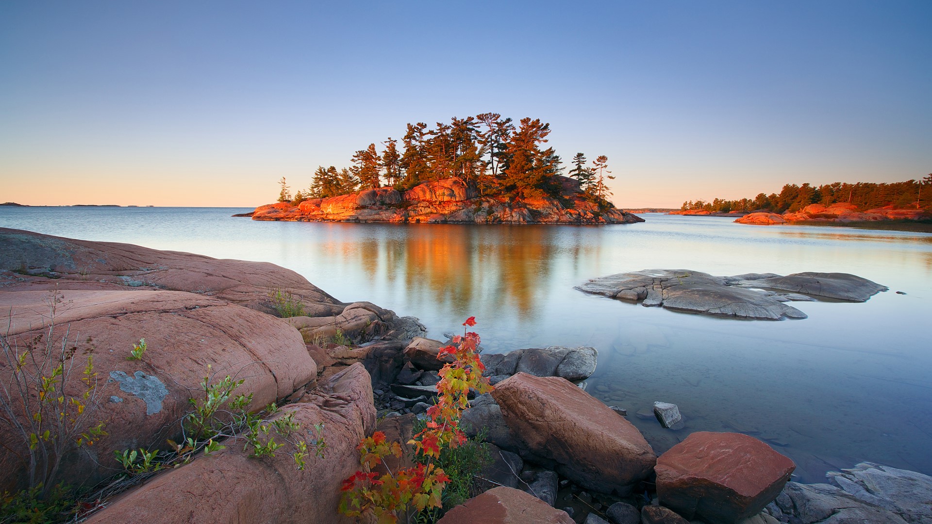 General 1920x1080 nature landscape rocks clear sky plants water trees sunrise Ontario Canada