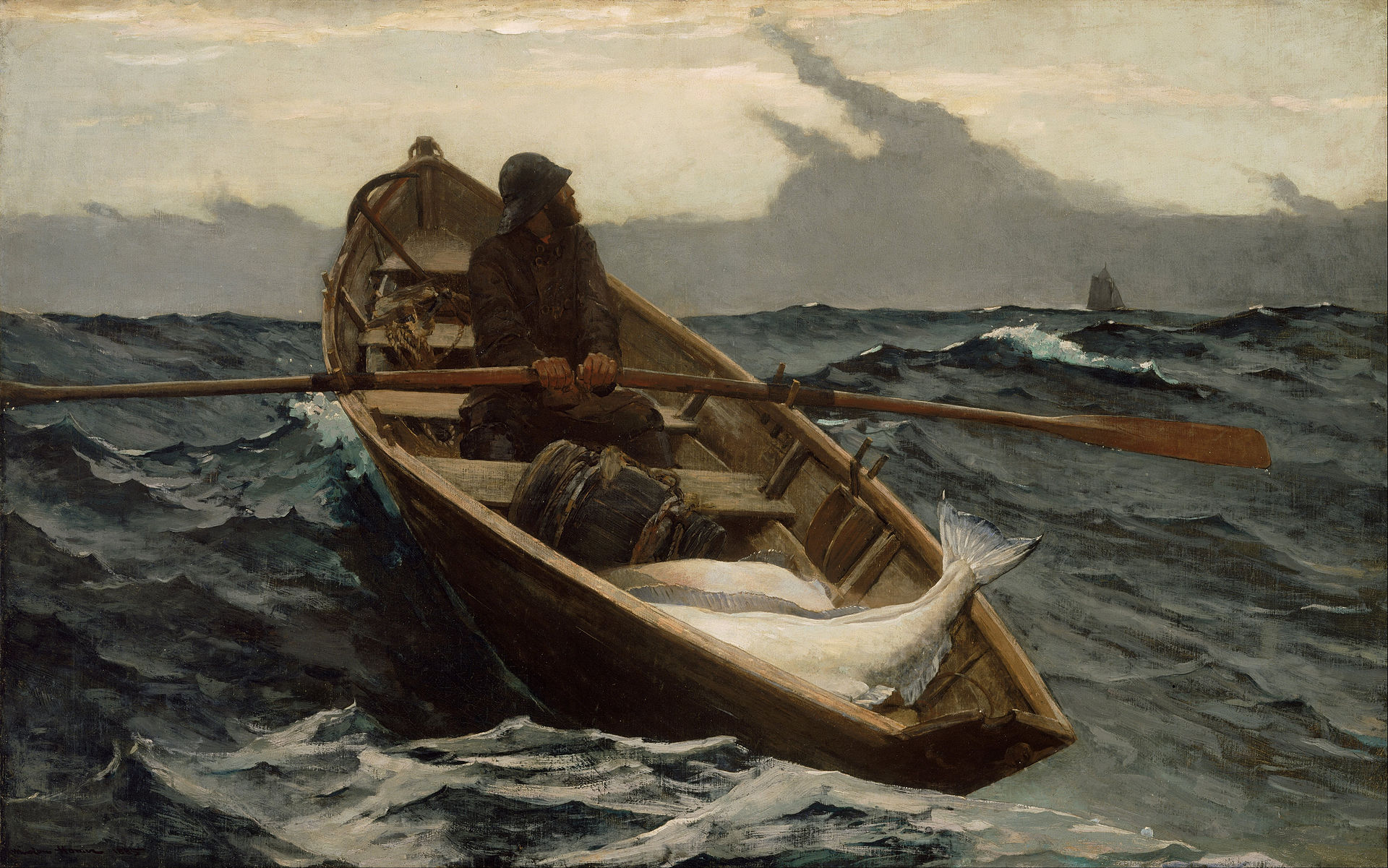 General 1920x1201 painting artwork fish boat rowing sea waves fisherman Winslow Homer classic art