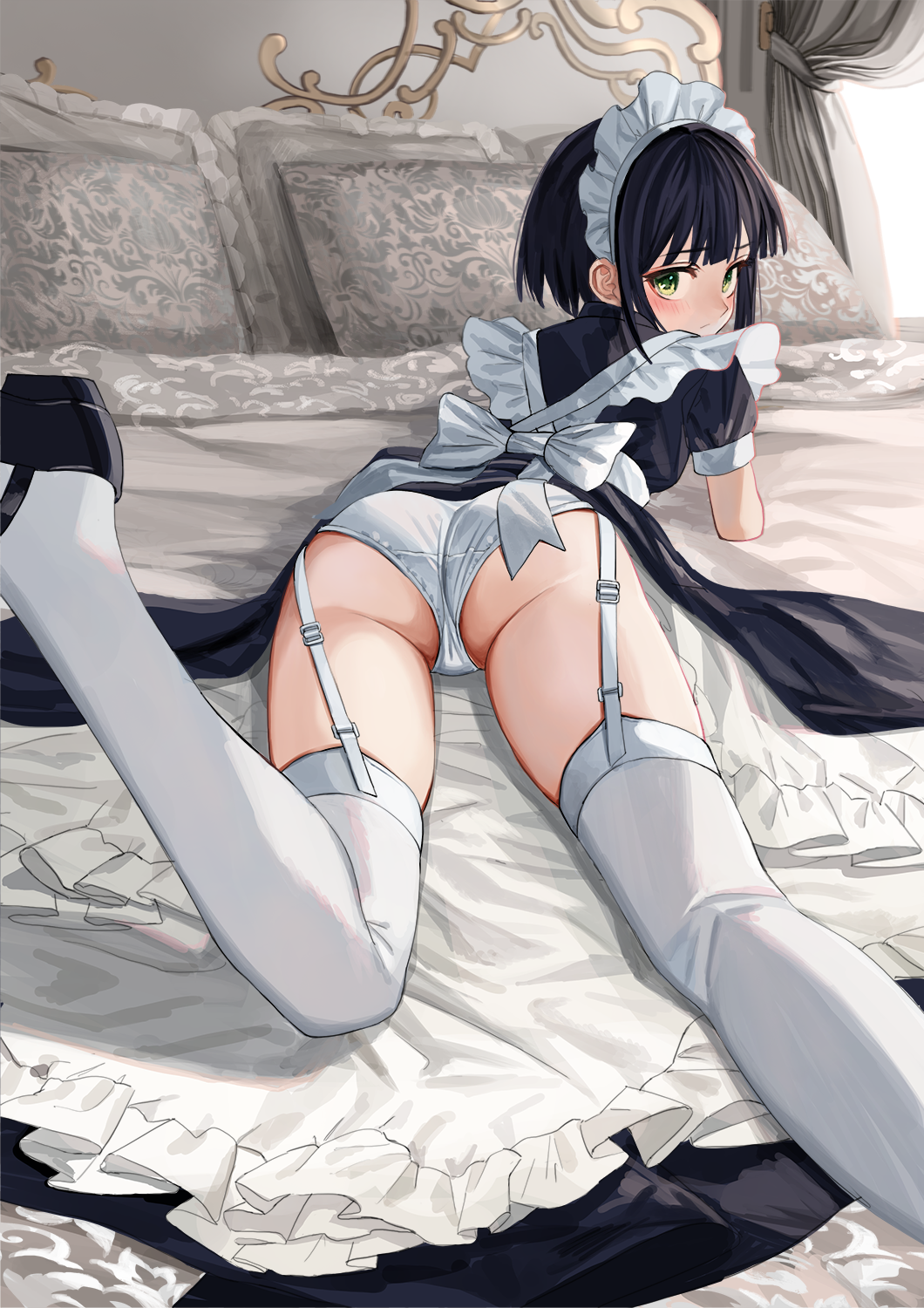 Anime 1060x1500 anime anime girls digital art artwork 2D portrait display maid outfit upskirt panties ass thigh-highs lying on front short hair black hair green eyes in bed Luicent