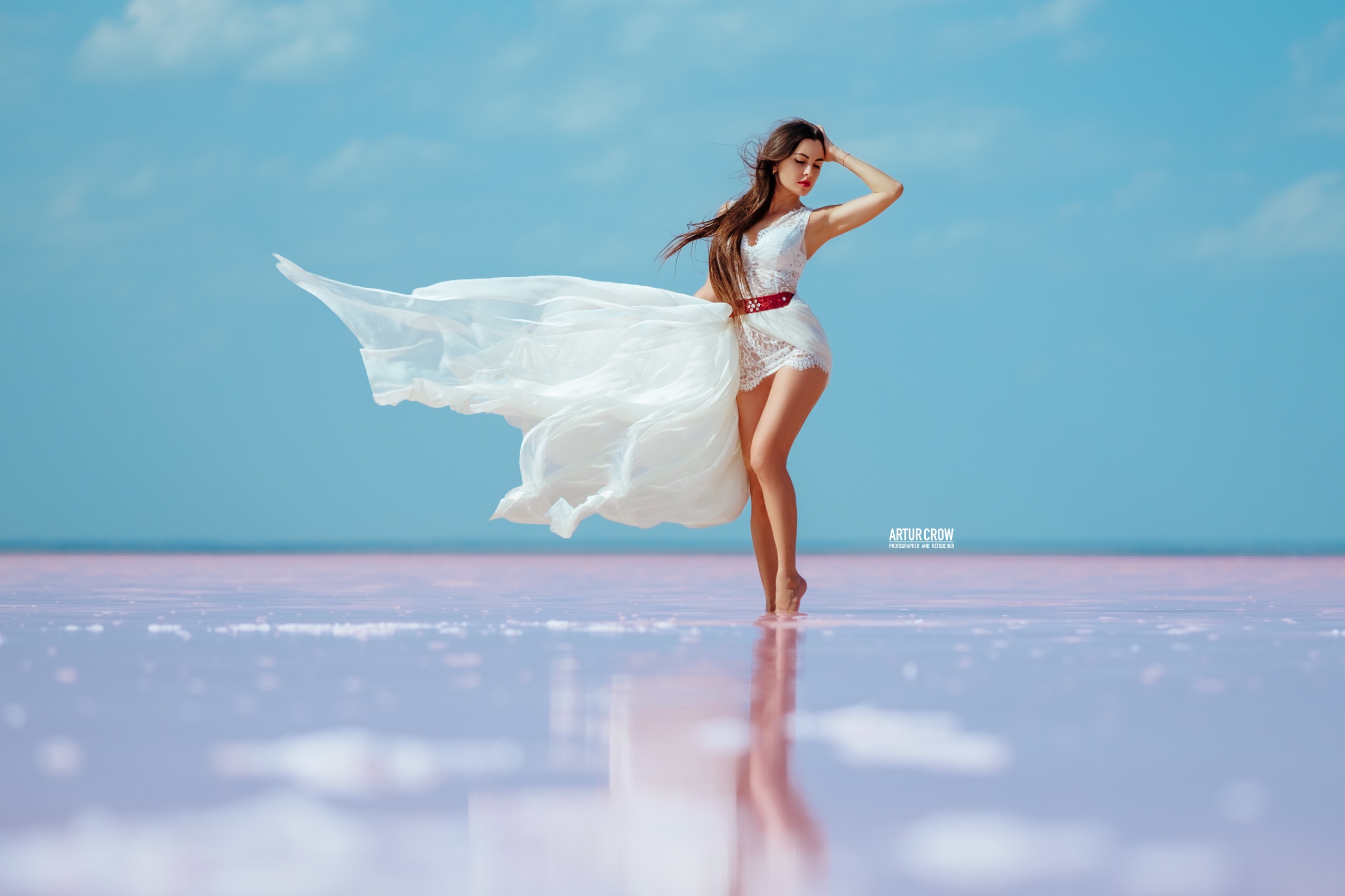 People 2560x1706 women model long hair brunette hand(s) on head closed eyes red lipstick dress white dress salt lakes sky reflection bokeh barefoot photography outdoors women outdoors cleavage Artur Crow