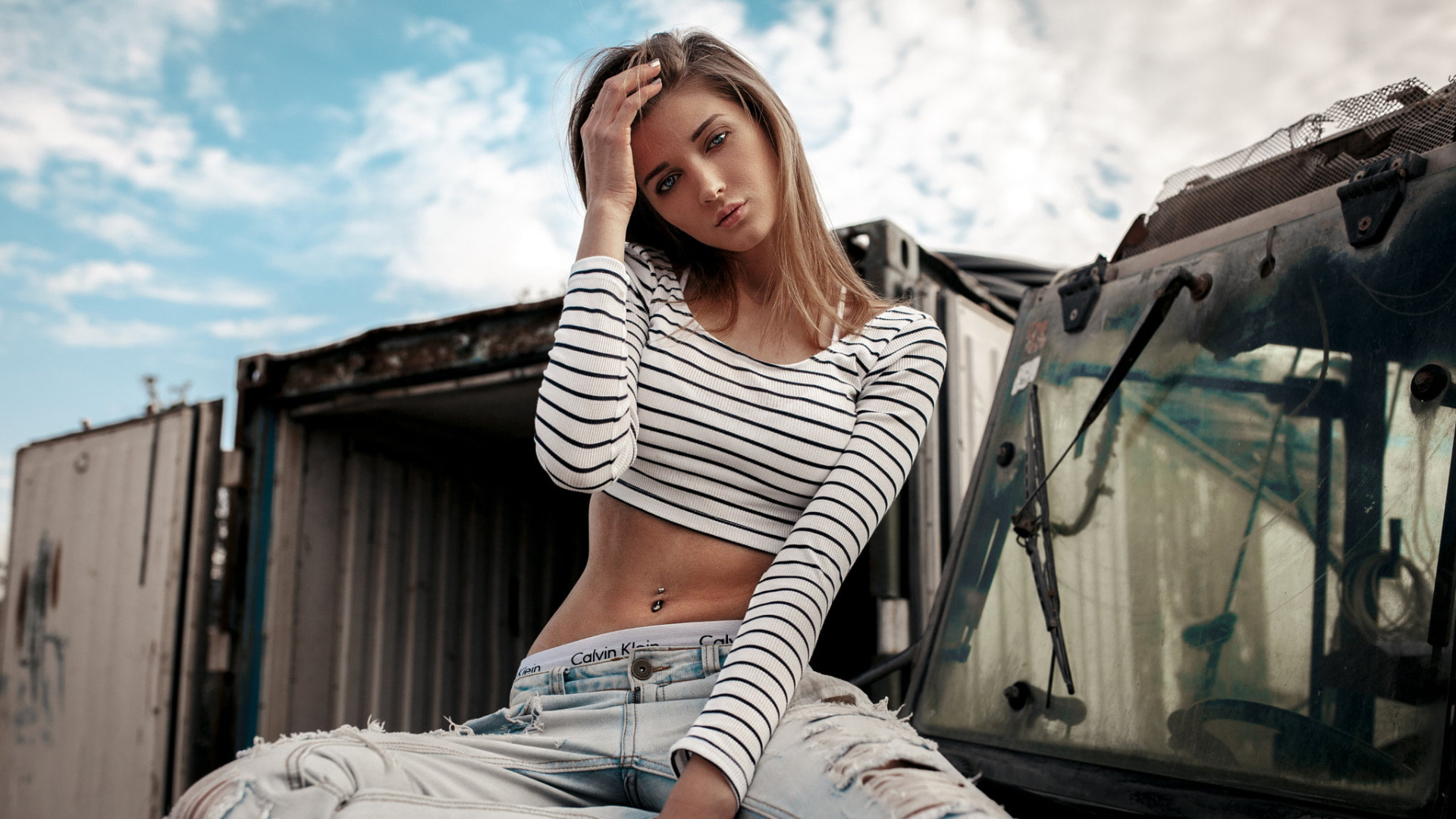 People 1920x1080 model women long hair jeans torn clothes belly button belly sitting blonde crop top sensual gaze makeup Calvin Klein lips smooth body face car