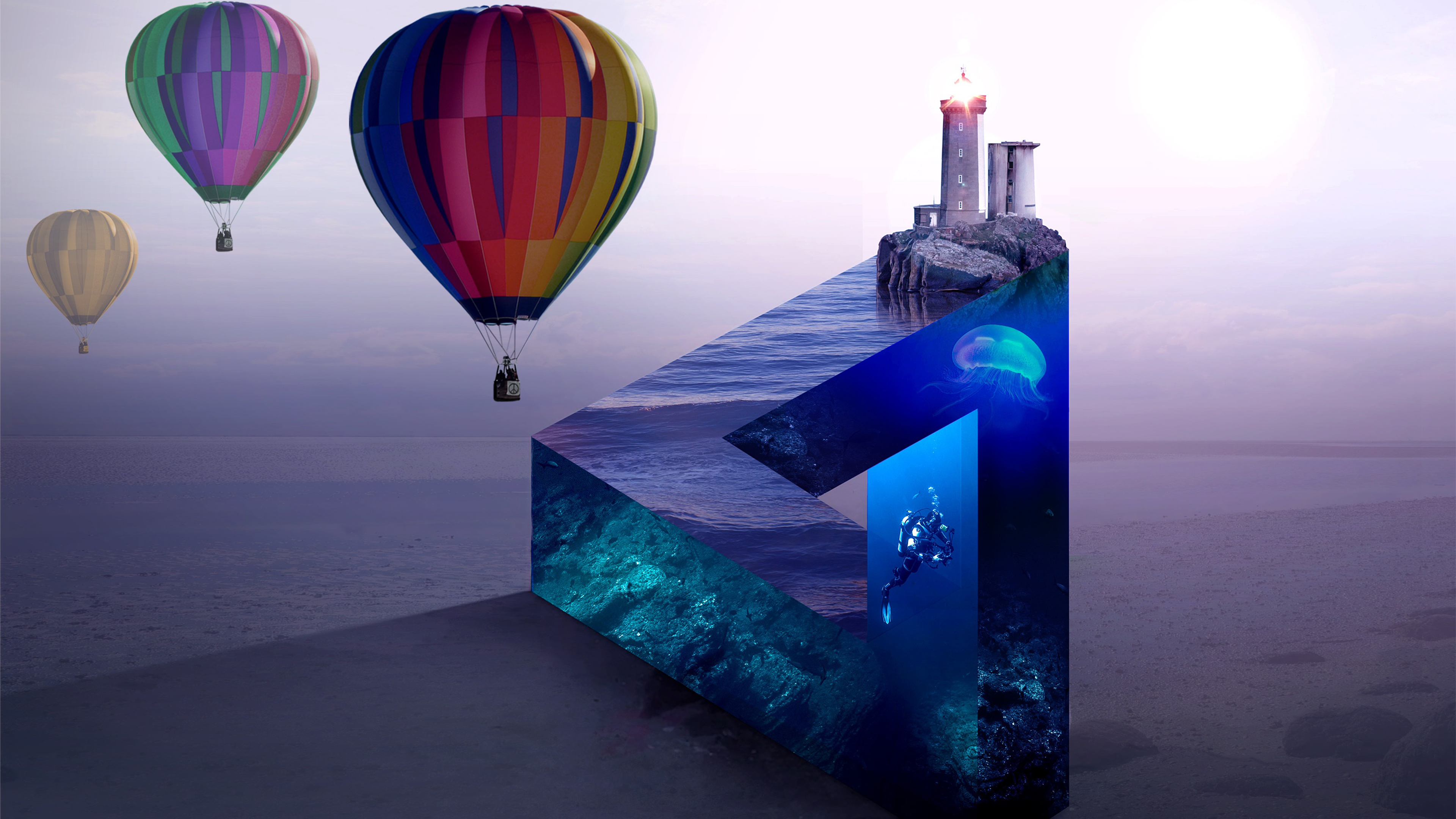 General 3840x2160 photo manipulation digital art hot air balloons simple background lighthouse