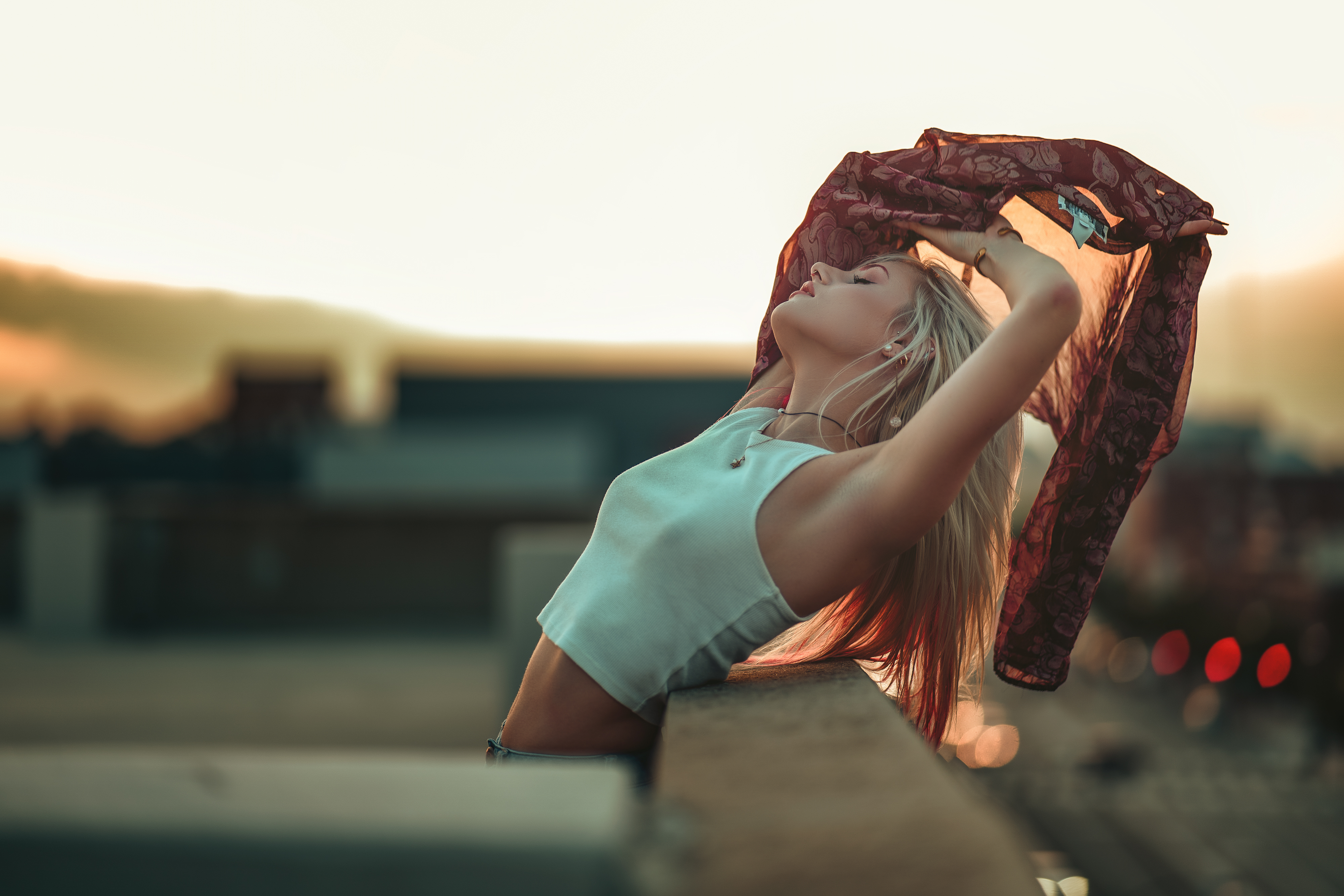 People 4000x2667 women blonde arms up white tops rooftops sunset profile long hair urban crop top bokeh women outdoors bare midriff