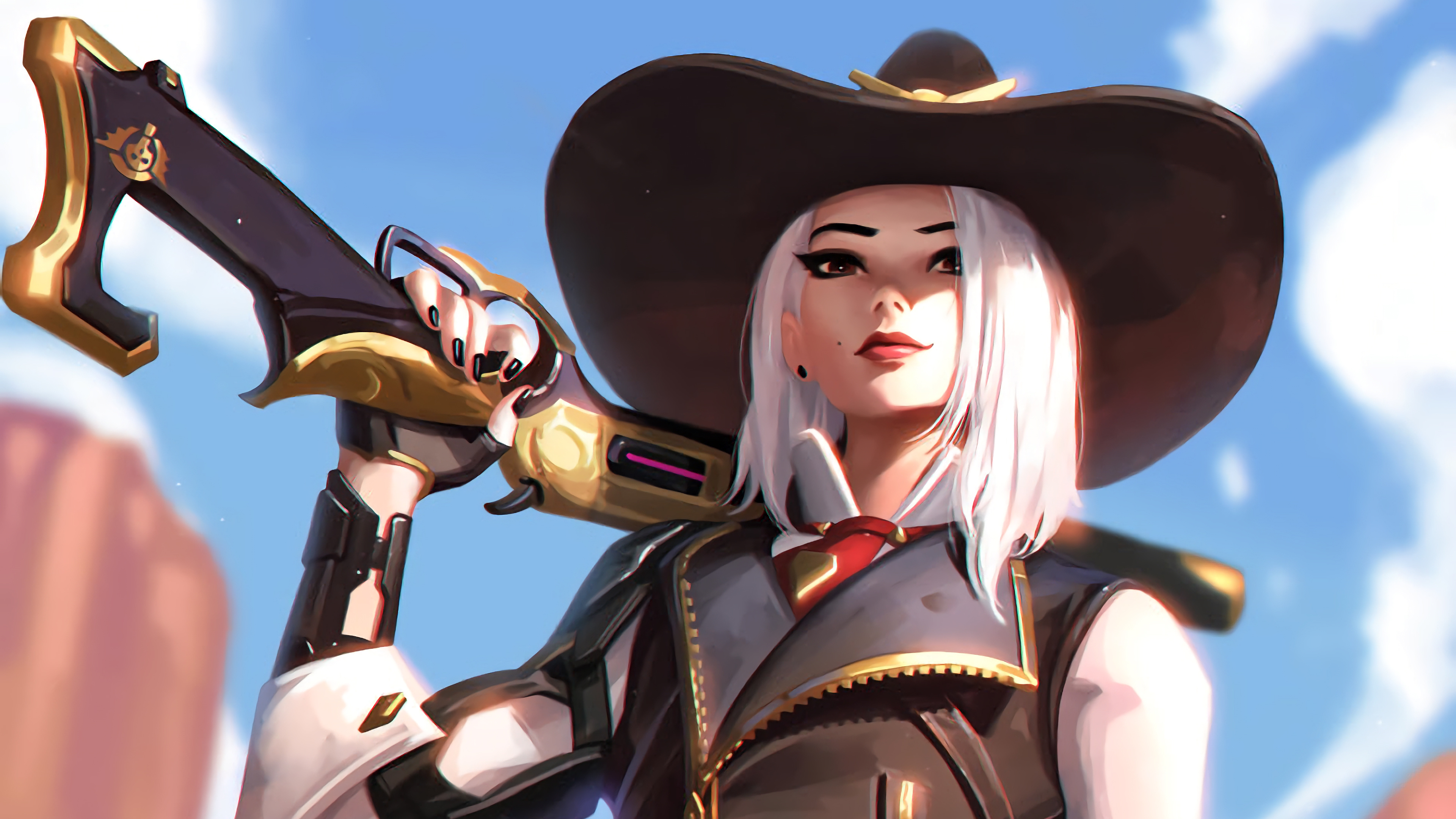 General 3840x2160 digital art video game art video games video game characters video game girls women Overwatch Blizzard Entertainment illustration Ashe (Overwatch) weapon shotgun white hair portrait PC gaming girls with guns cowboy hats hat women with hats black nails painted nails red lipstick