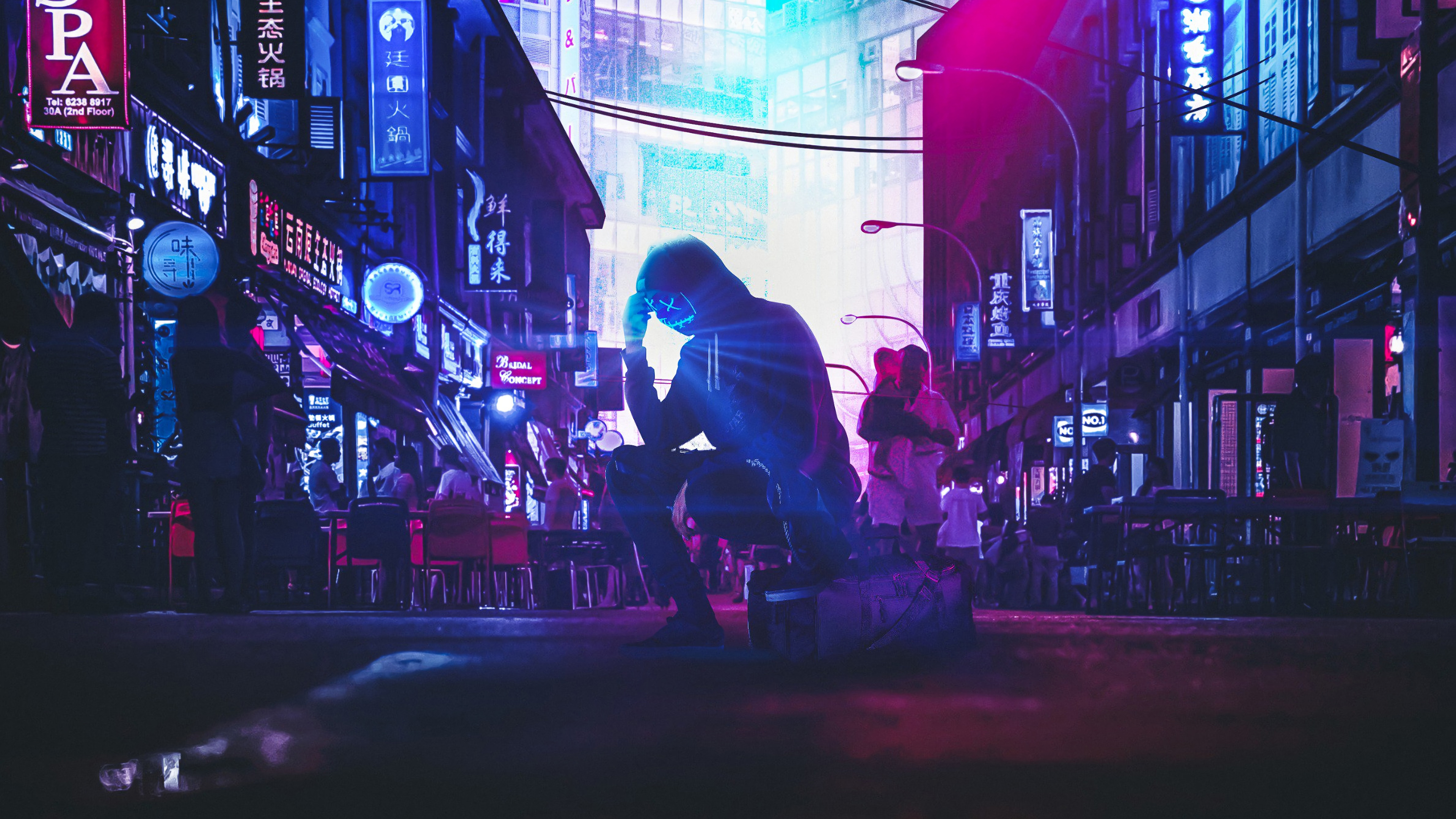 General 3840x2160 digital art artwork photoshopped edit neon lights city cityscape building architecture people street dark glowing purple blue silhouette city lights outdoors photography men hoods mask clothing colorful alone loneliness model