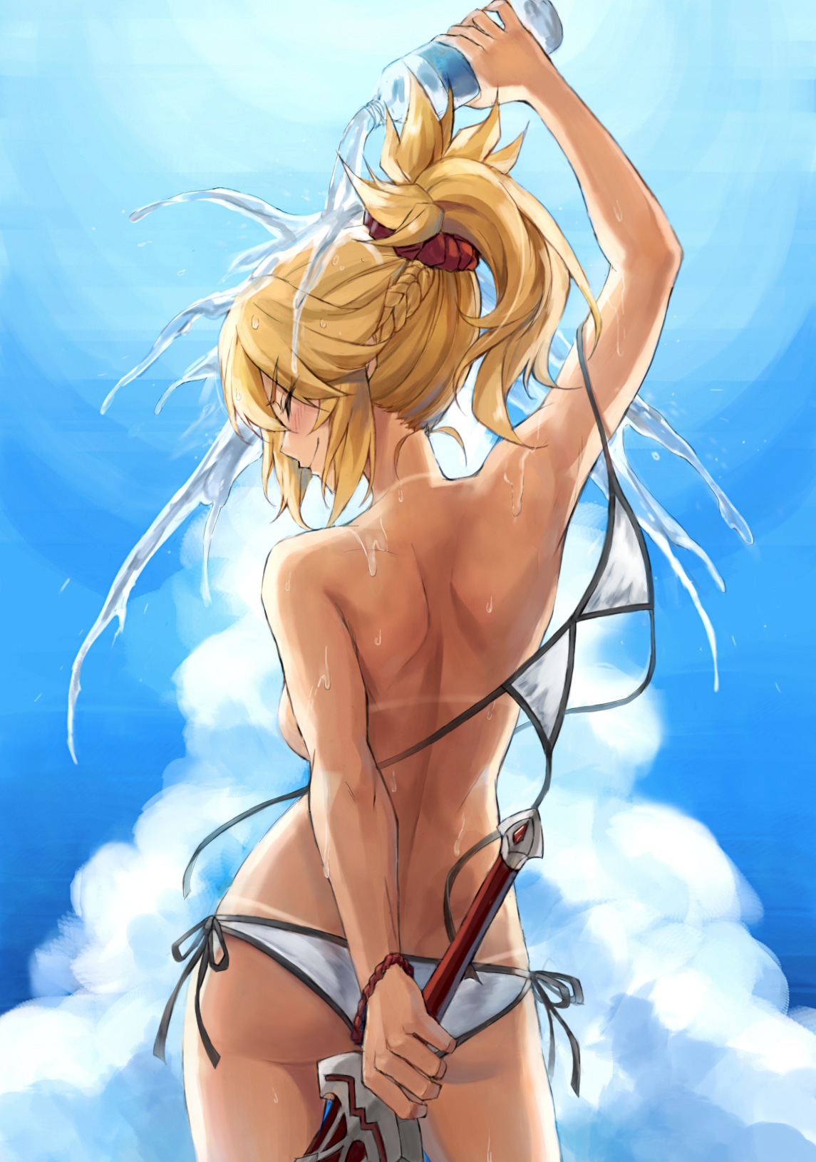 Anime 1145x1631 anime anime girls digital art artwork portrait display 2D Fate series Mordred (Fate/Apocrypha) sideboob white bikini women with swords tan lines bareback thighs the gap wet body long hair braids blushing summer clouds closed eyes ecchi Fate/Apocrypha  hair in face fan art ass ponytail blonde topless Tonee