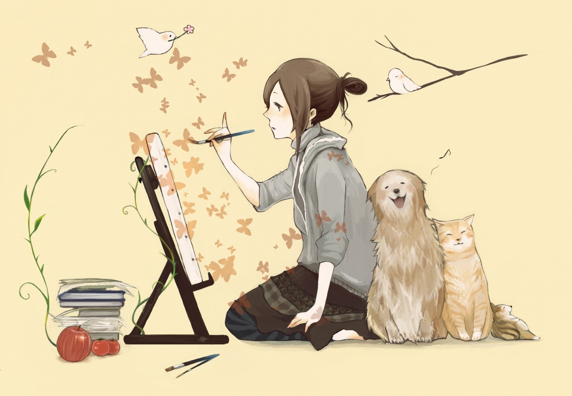 Anime 1950x1350 cats dog painting butterfly birds anime girls anime simple background