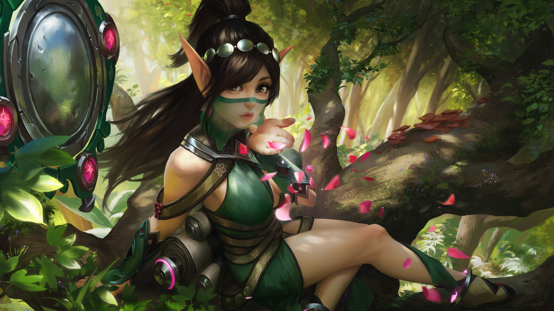 General 1920x1080 digital art artwork video games women brunette black hair fantasy art thighs looking at viewer cleavage elves pointy ears tight clothing veils ponytail Paladins: Champions of the Realm Ying (Paladins)