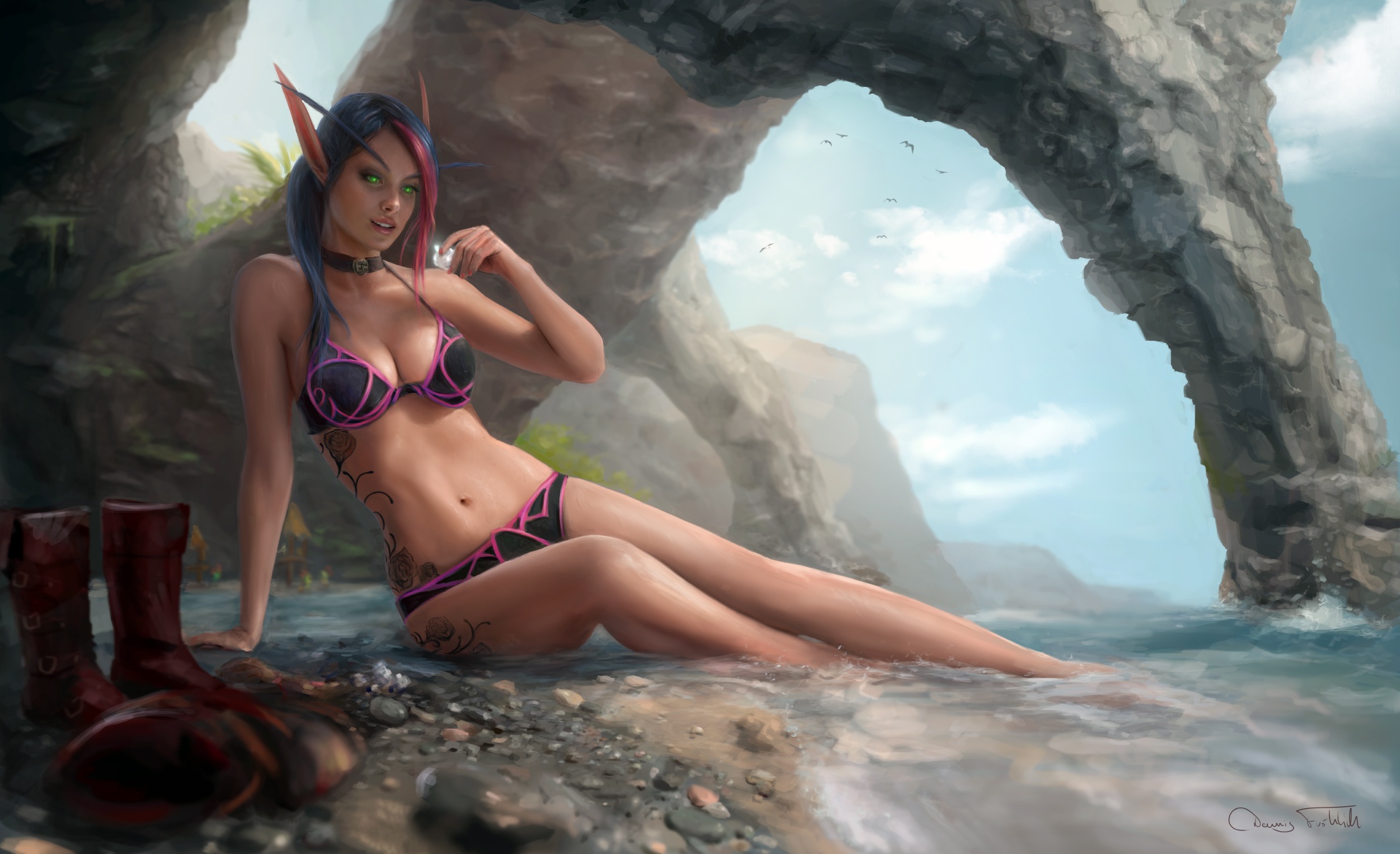 General 2080x1268 World of Warcraft elves pointy ears bikini cleavage tattoo fantasy art fantasy girl artwork belly belly button Dennis Frohlich dyed hair