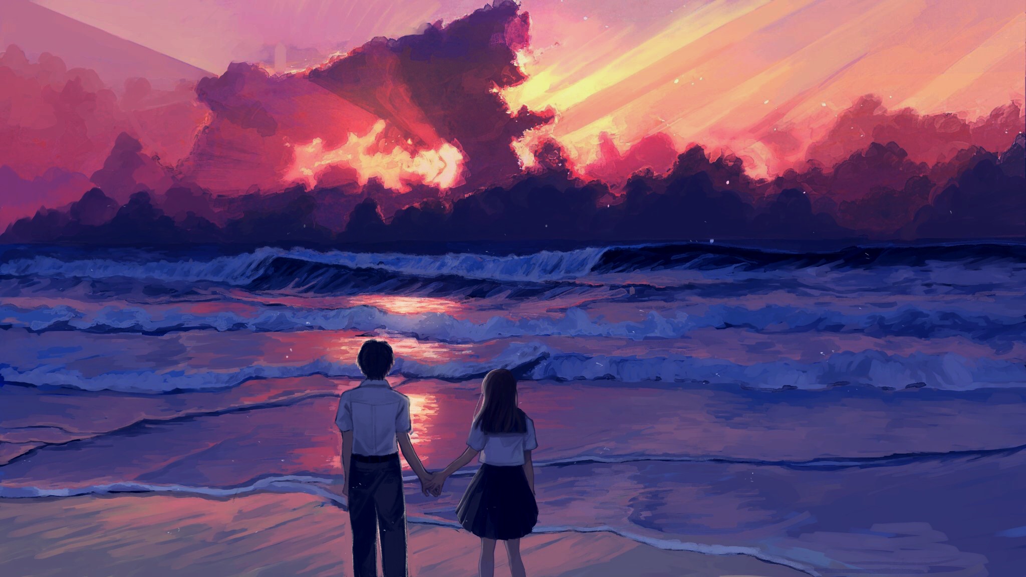 Anime 2048x1152 anime illustration landscape sea sunset painting digital art artwork moescape